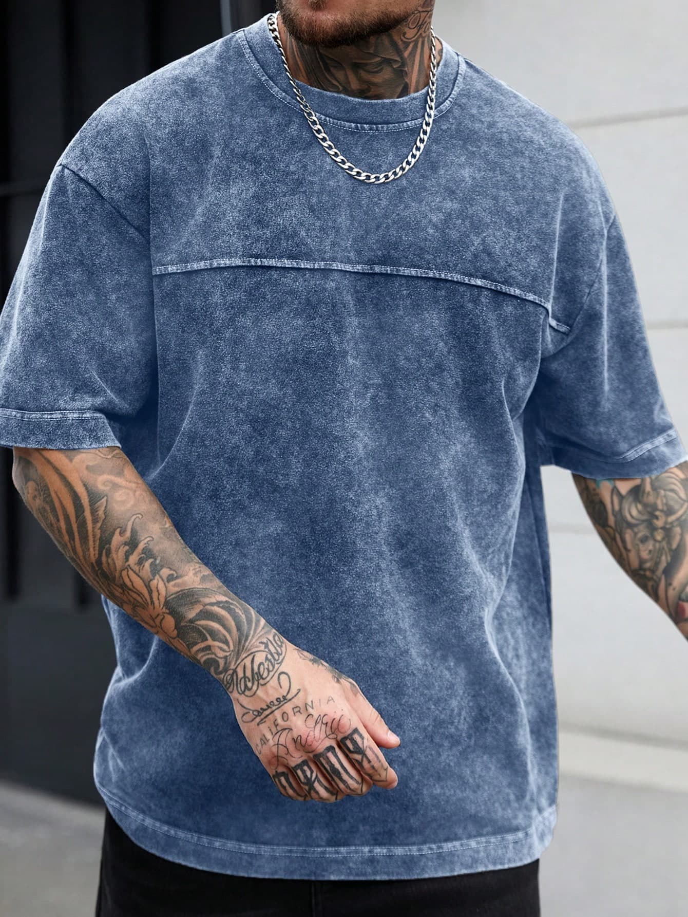 Manfinity CasualCool Men's Light Blue Acid Washed T-Shirt,Summer Casual Streetwear Loose Fit Drop Shoulder Tee,Distressed Graphic Tshirt For City Break,Daily Commute,Gift