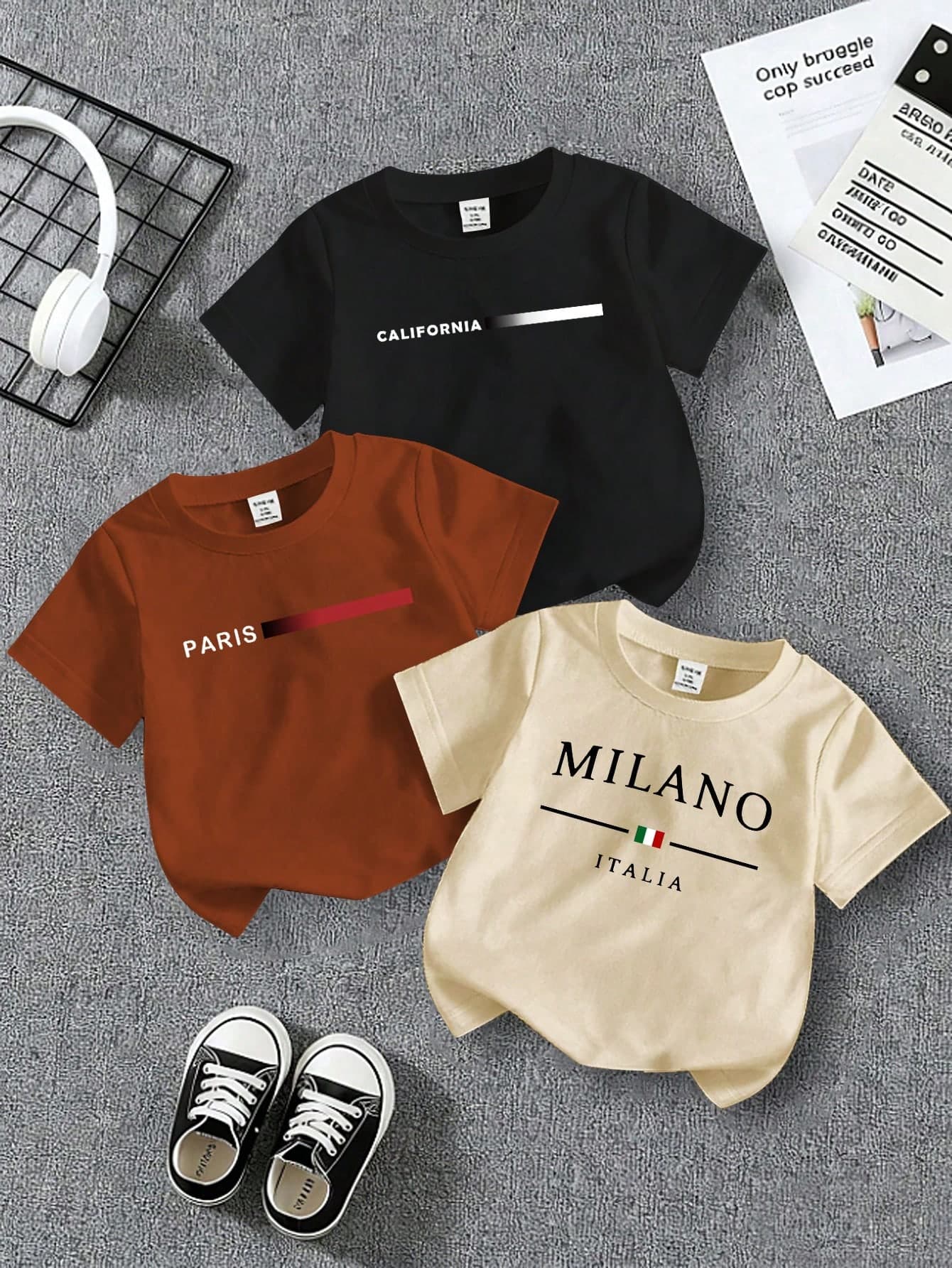 Souflis Souflis 3pcs Boys' Casual Round Neck T-Shirts With Letter Print,Khaki,Brown,Black,Comfortable Summer Matching Family Vacation Daily Wear,4Y-7Y