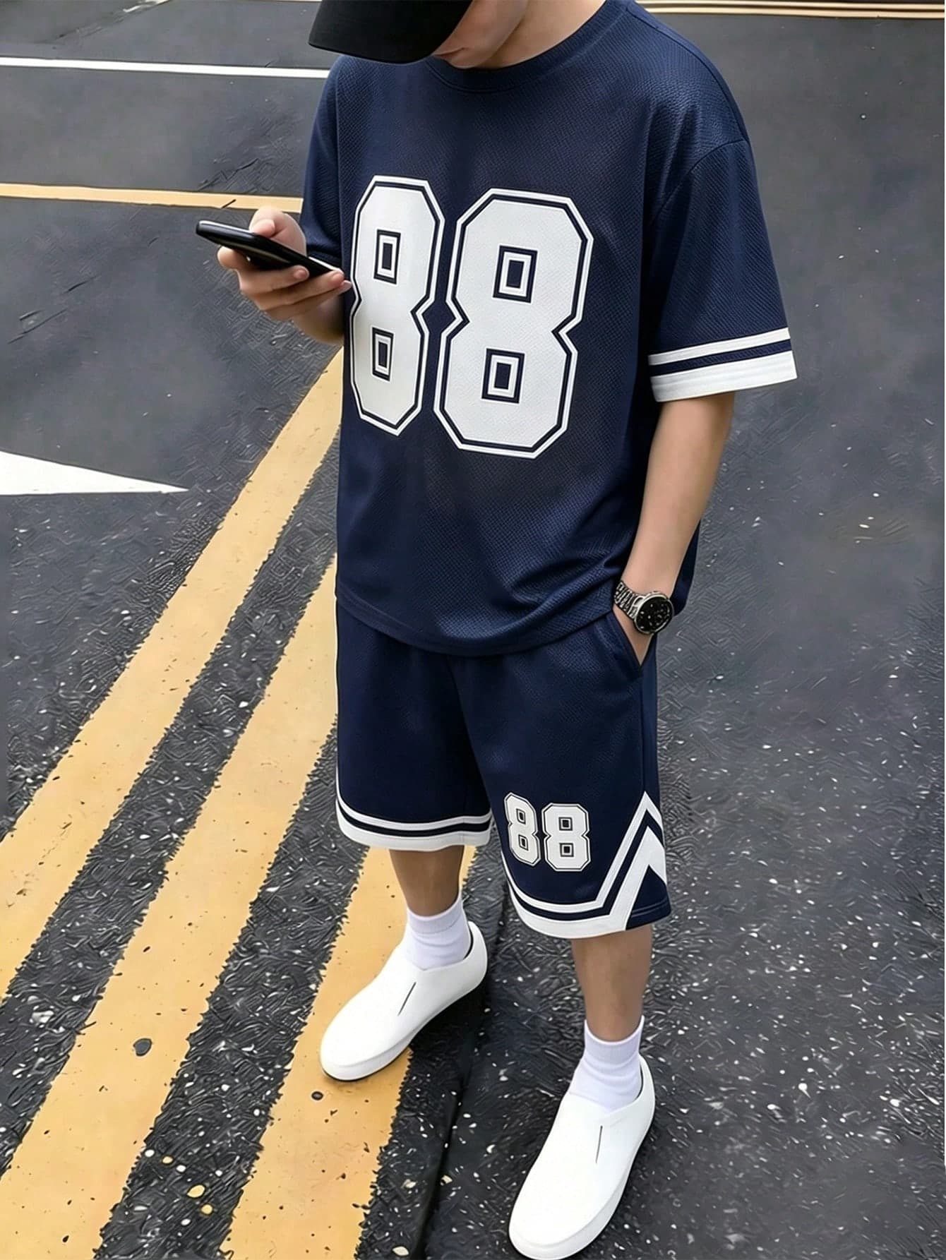Coolqubz 2pcs Teen Boy Summer Navy Shorts Set,Fashion Knit Mesh Numeric Striped Print,Casual Streetwear Beach Back-To-School Sports School Style Youth Outfit