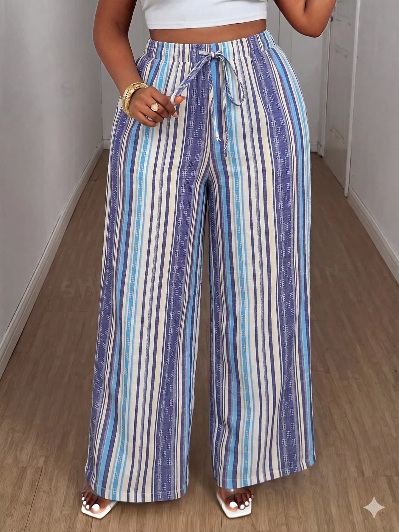 Maweii Plus Size Women's Striped Tie Waist Wide Leg Casual Pants Vacation Light Blue Autumn