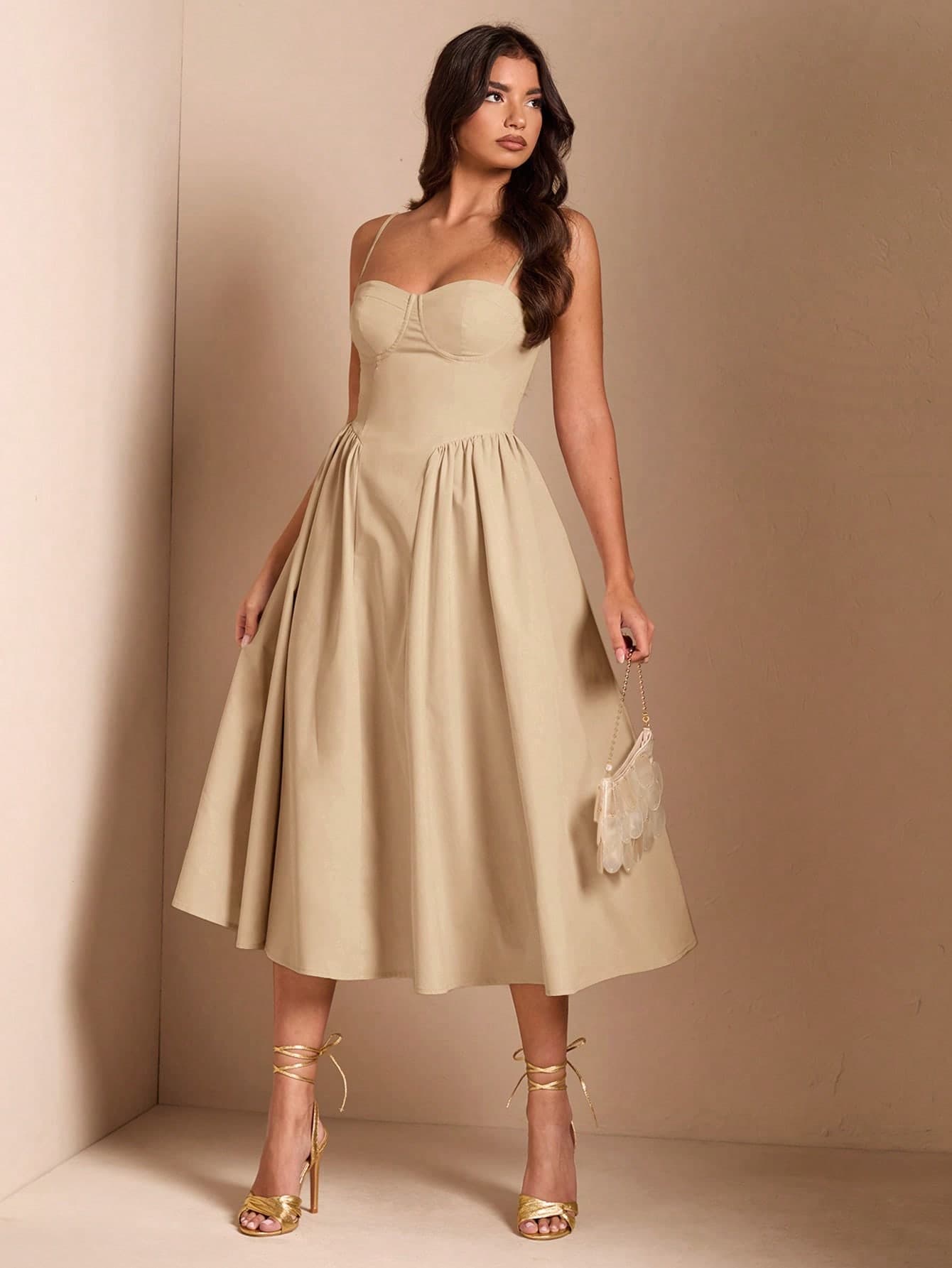 SHEIN BAE Elegant Women's Spaghetti Strap Long Puff Dress, Suitable For Daily Dates, Outings, Nightclubs, Parties, Autumn Season,Summer Dresses For Women,Dresses For Women Summer
