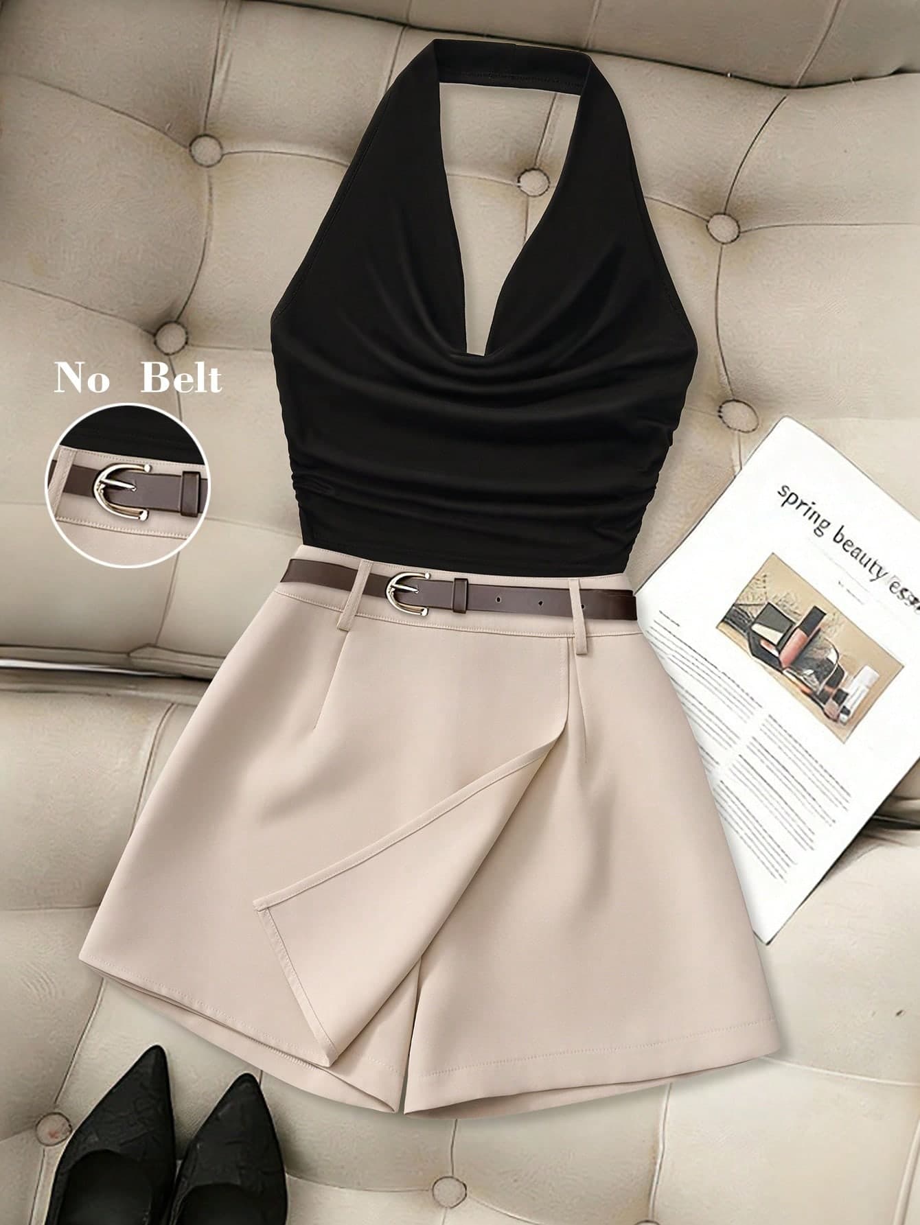 Resyla Women's Summer European And American Fashion Spaghetti Strap Camisole Top And Casual Contrast Color Shorts 2 Pieces Set