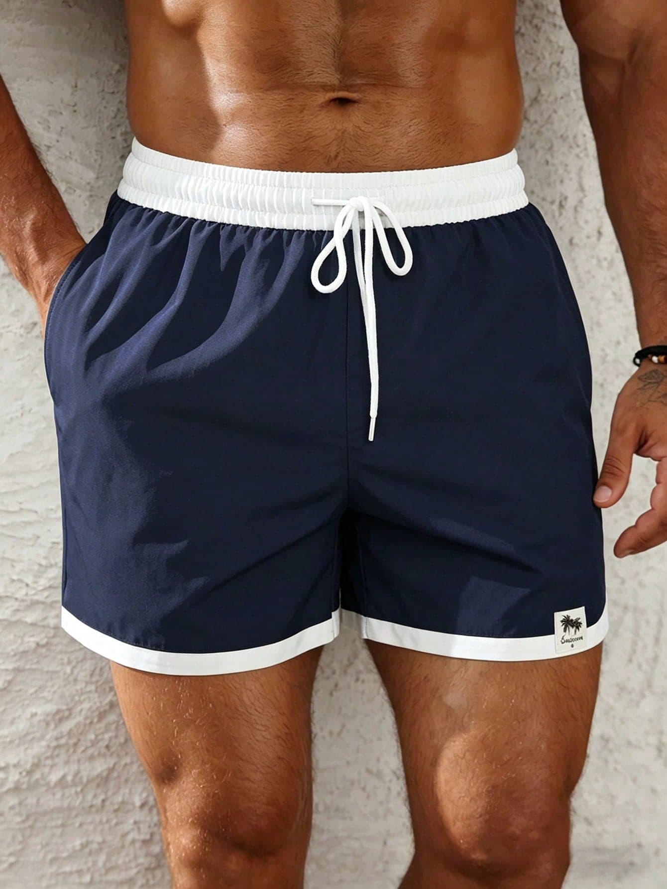 Palasendo Men's Casual Navy Blue Contrast Color Drawstring Beach Shorts, Summer Swim Trunks For Men, Pool Party Holiday Swimwear Bathing Suits Beach
