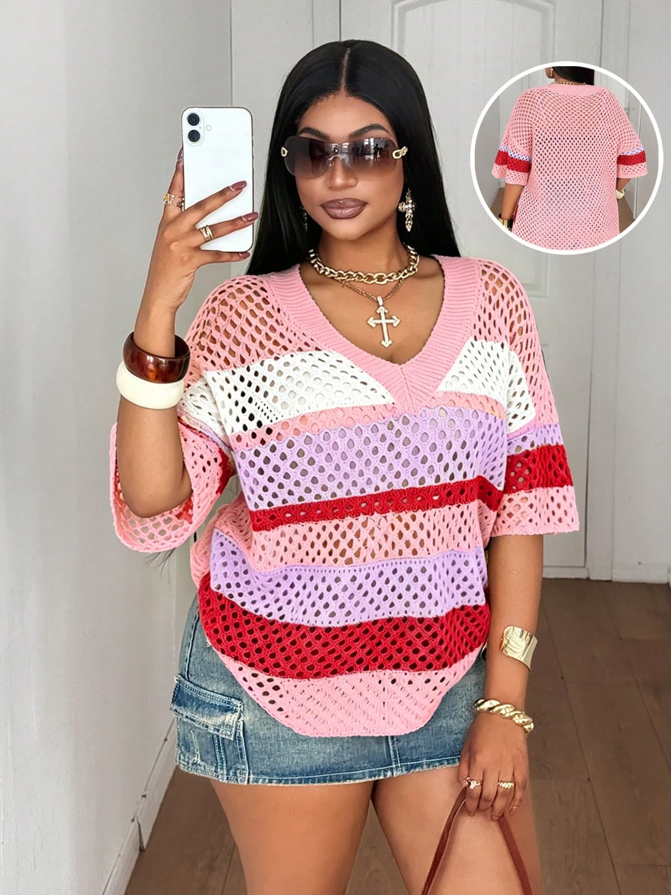 Maweii Women Summer Hot Pink Sommar Casual Holiday Vacation V-Neck Raglan Short Sleeve Hollow Rainbow Colorblock Plus Size Elegant Knit Sweater Tops Vacation
