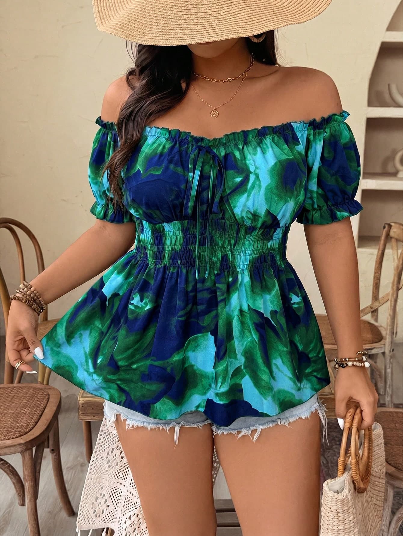 Weeklong Spring/Summer New Plus Size Women's Off-Shoulder Cinched Waist Chest Tie Dye Print Elegant Fashion Blouse, Suitable For Dates, Travel, Etc.