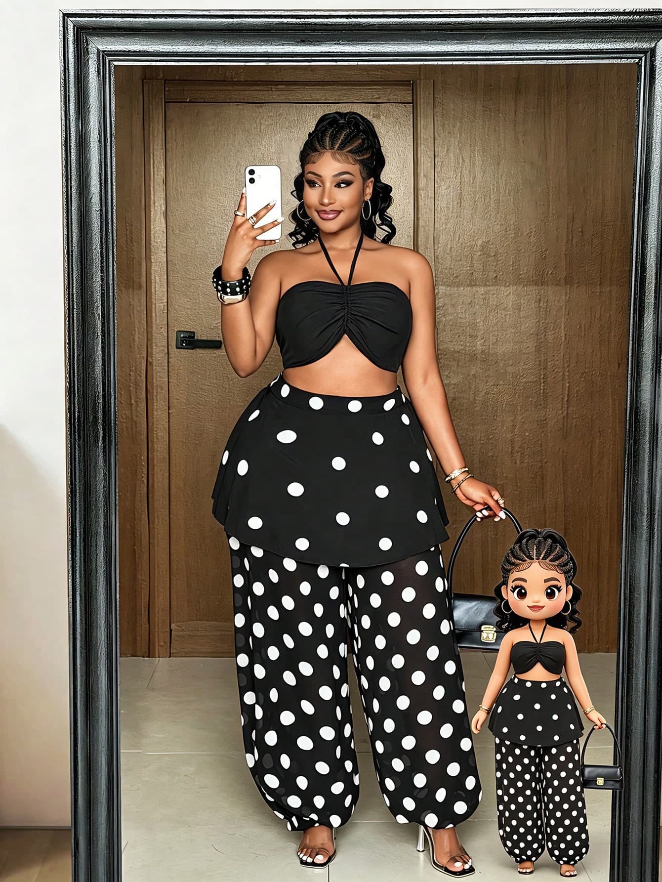 Maweii Women's Large Size Black Polka Dot Mesh See Through Wide Leg Pants And Hanging Neck Vest,Summer Classy Boho Elegant Night Out Party Club 2 Pcs Set