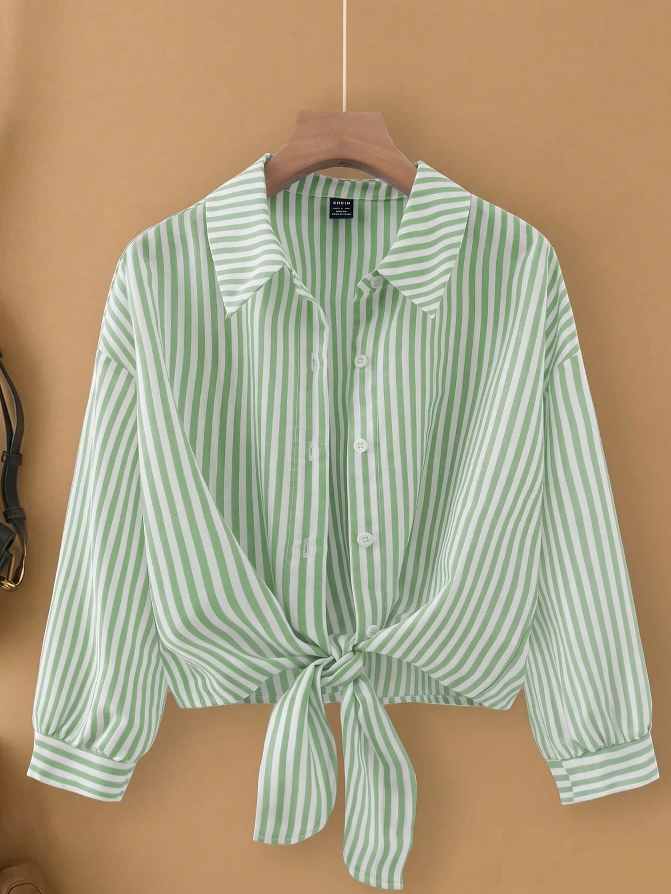 Franclia French Elegant Green And White Striped Long Sleeve Tie-Front,Summer Casual Brunch Women's Woven Turndown Collar Striped Blouse