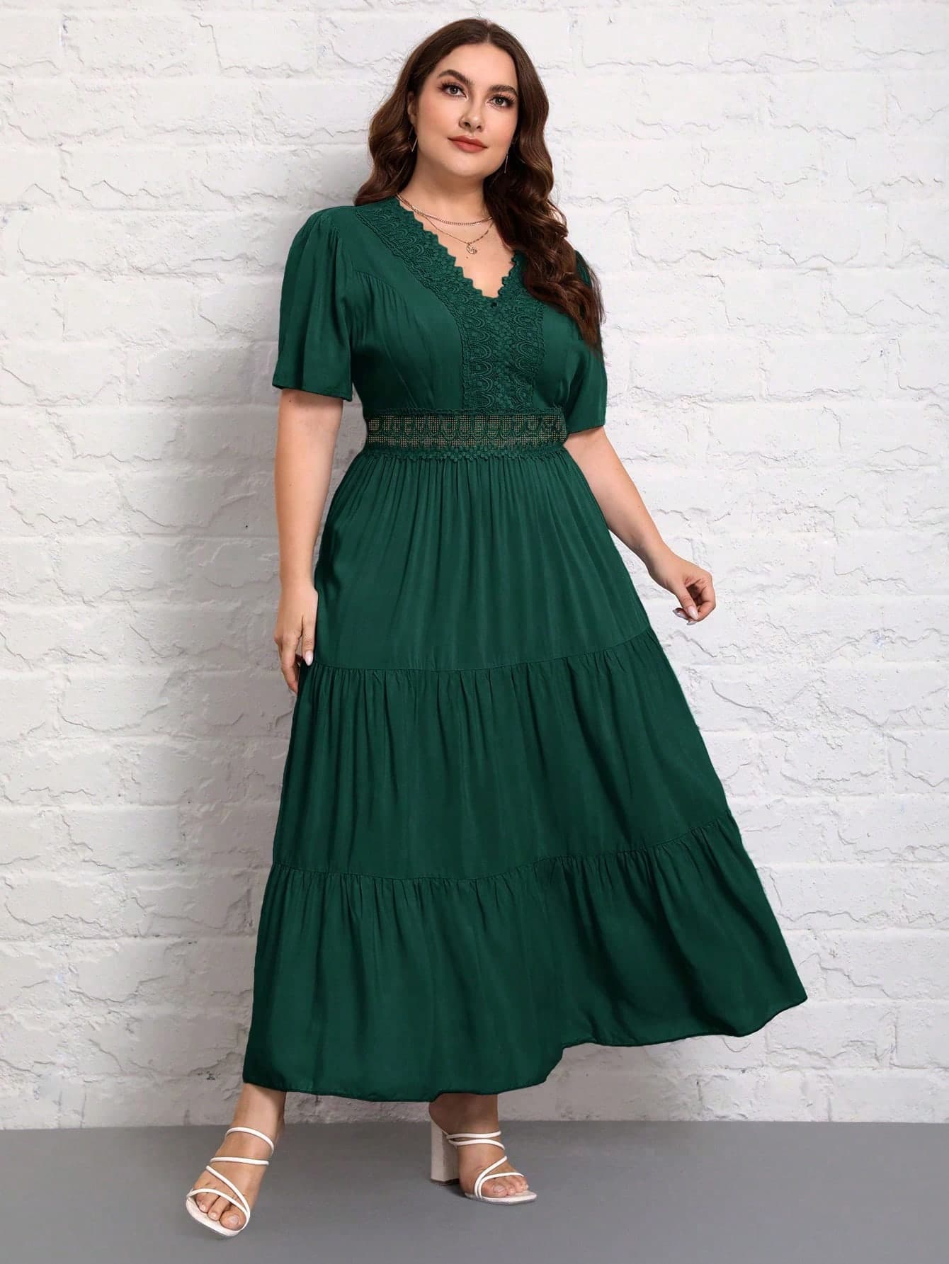 SHEIN VCAY Plus Size Casual Solid Color Lace Patchwork Dress