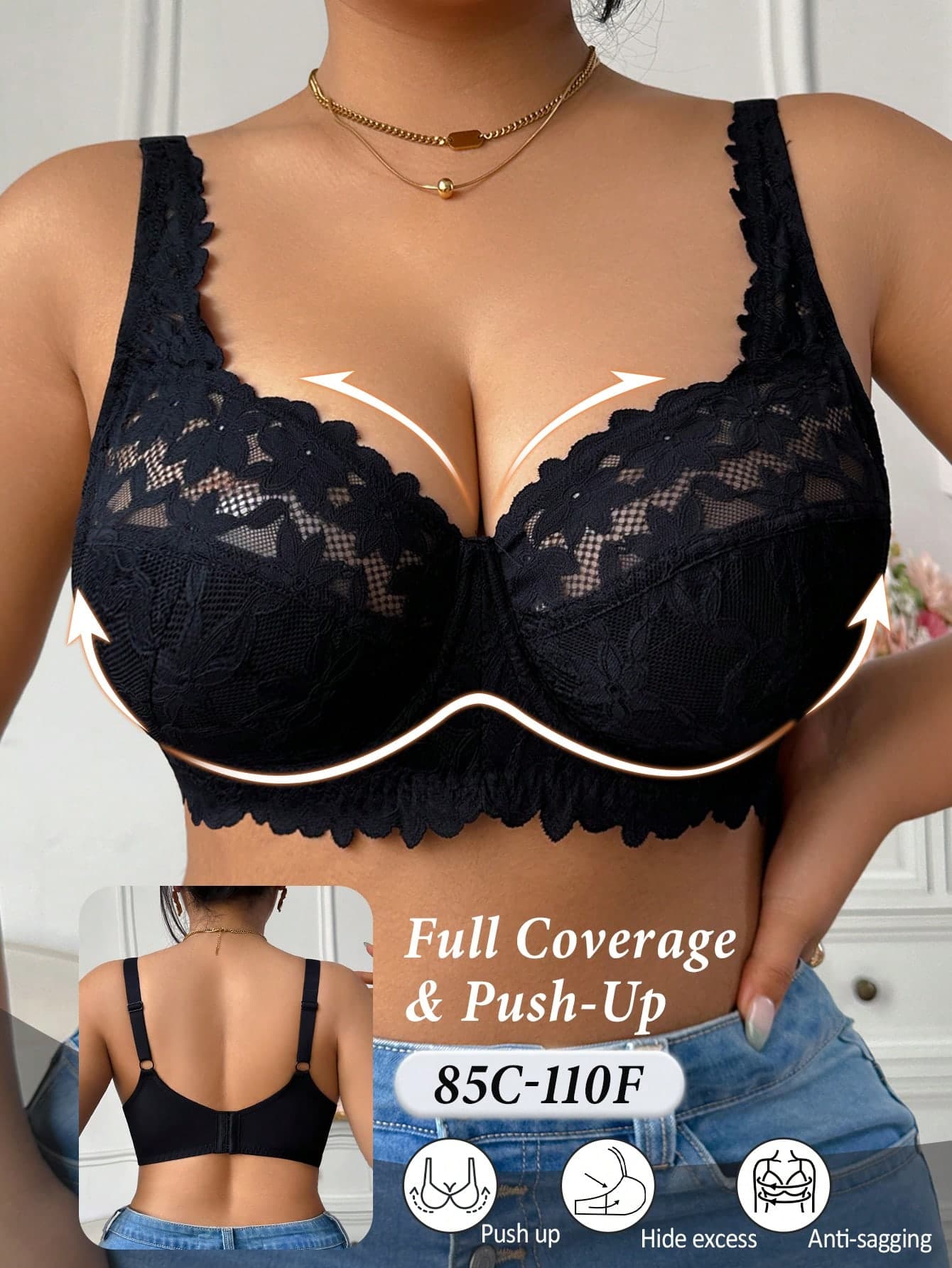 DesireSculpt Plus Size Black Lace Underwire Comfortable Supportive Bra Plus Lingerie For Women Plus Size Bra Full Coverage Push Up Bra Push Up Bra Curve