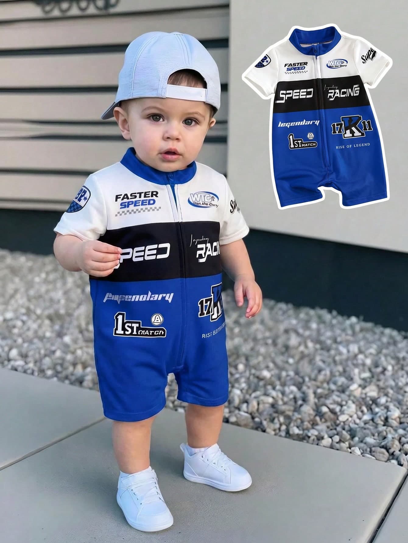 SHEIN Baby Boy/Girl Racing Car Letter Patchwork Romper,Blue And White Stripe,Summer,Street Life Casual Graphic Street Fashion,Vacation,Polo Collar Knit