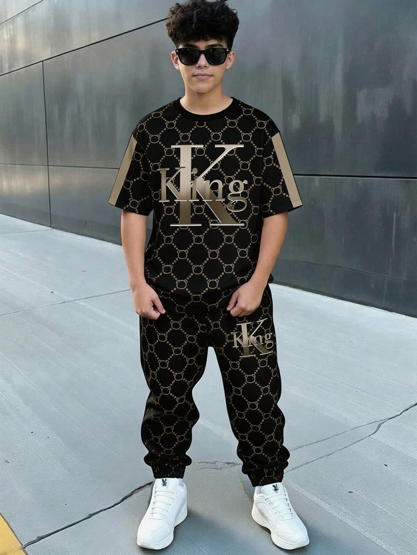 Teen Boy Letter Print Crew Neck Short Sleeve T-Shirt And Pants Casual Set