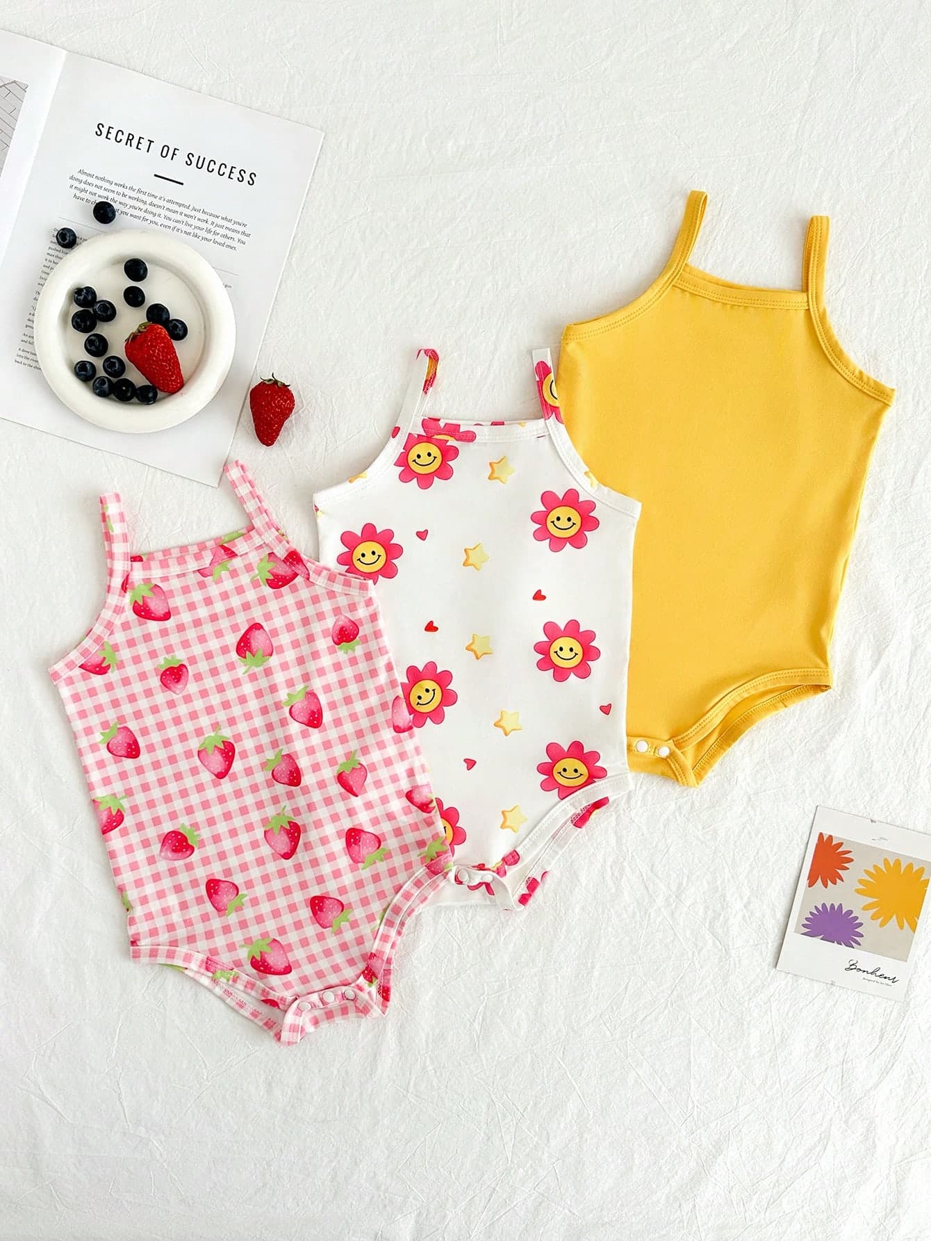 Souflis Souflis 3pcs Baby Girls' Comfortable Versatile Minimalist Solid Color Knit Camisole Romper Set, Spring/Summer