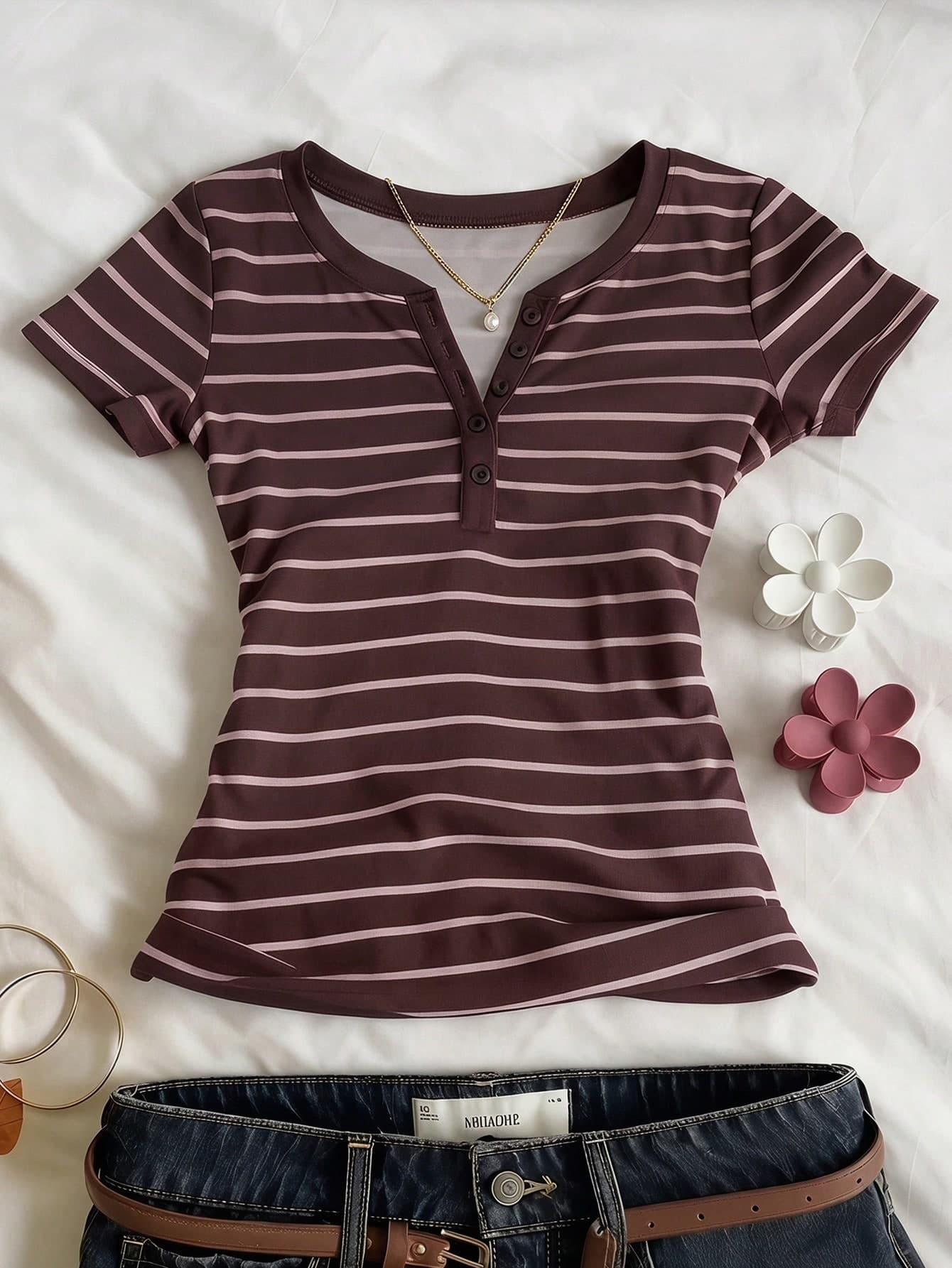 SHEIN Tween Girl Fitted Casual Comfortable Round Neck Half-Zip Brown & Pink Striped Short Sleeve T-Shirt