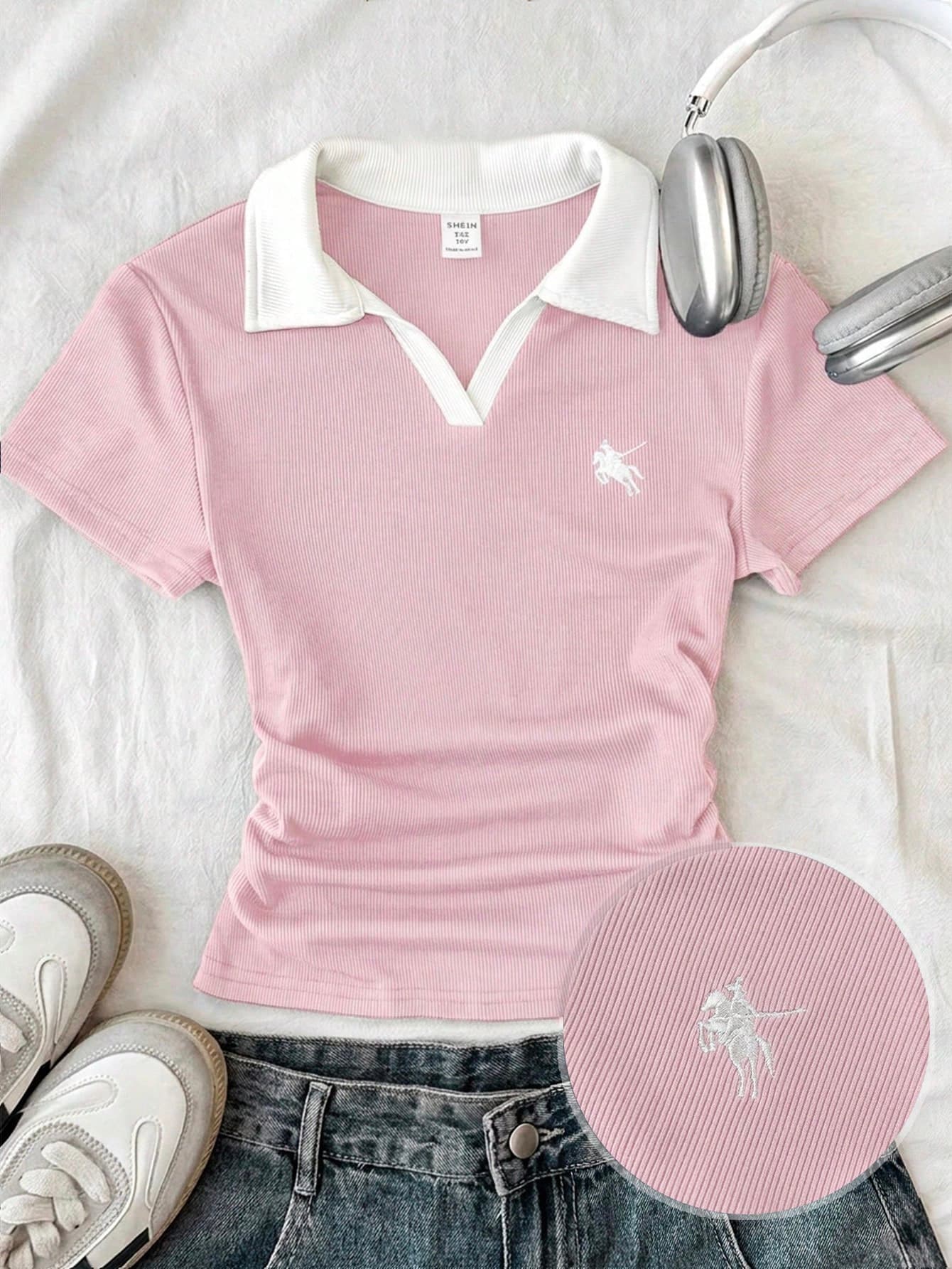SHEIN Tween Girl/Tween Girls' Colorblock Knit Turtleneck Fitted T-Shirt With Small Logo Embroidery