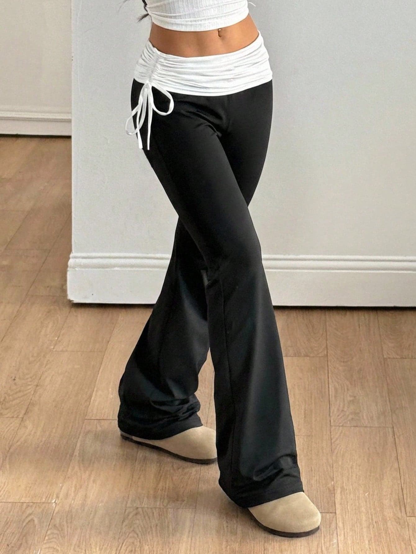 Tween Girls' Color Block Twist Ruched Casual Flare Pants, Versatile For Daily Wear,Kids