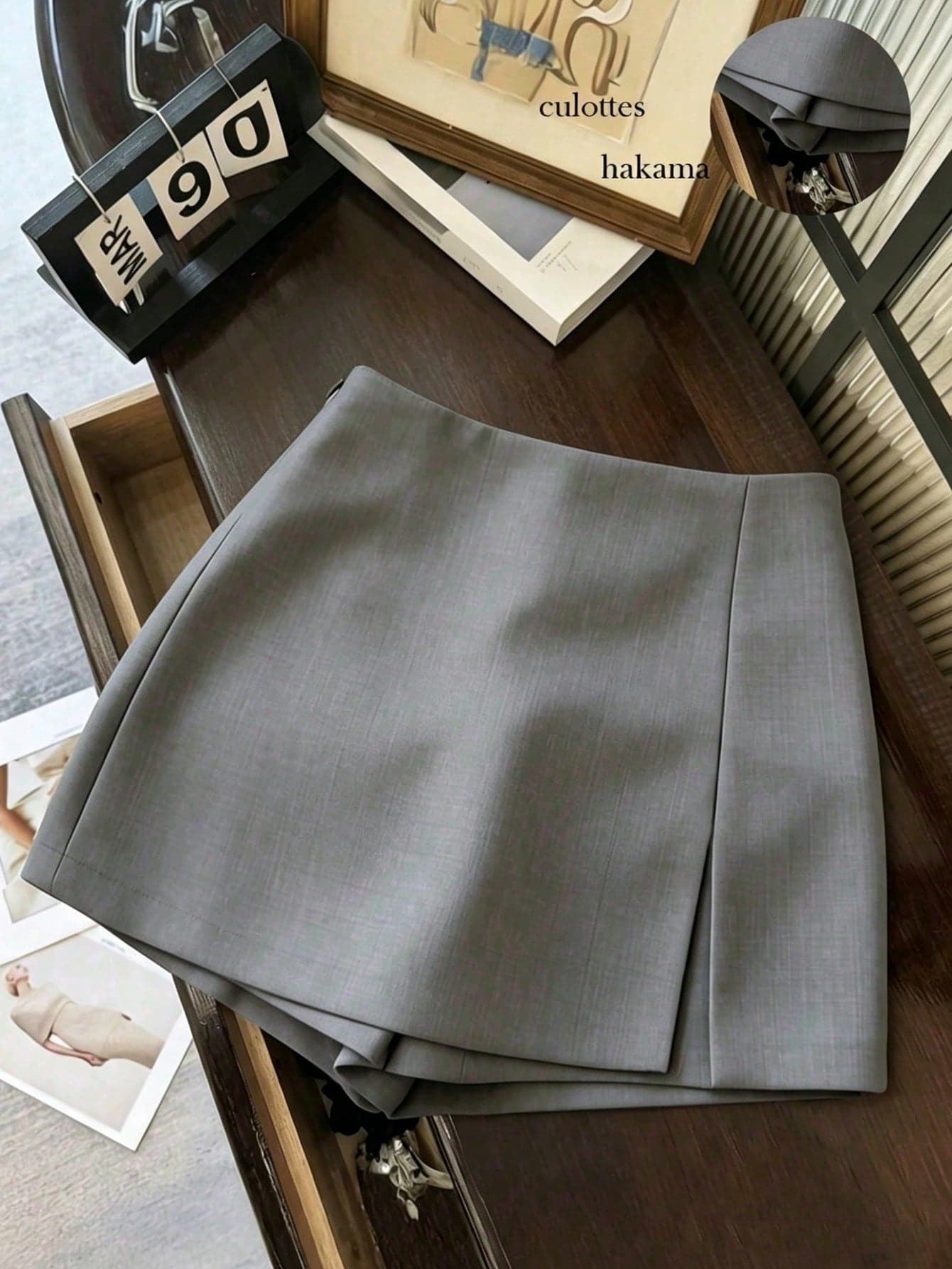 Franclia Women's High-Waisted Grey Skort,Summer Casual Office Workwear Blazer Fabric Mini Skirt,Anti-Peek Lined 2-In-1 A-Line Culottes,Textured Slit Hot Pants