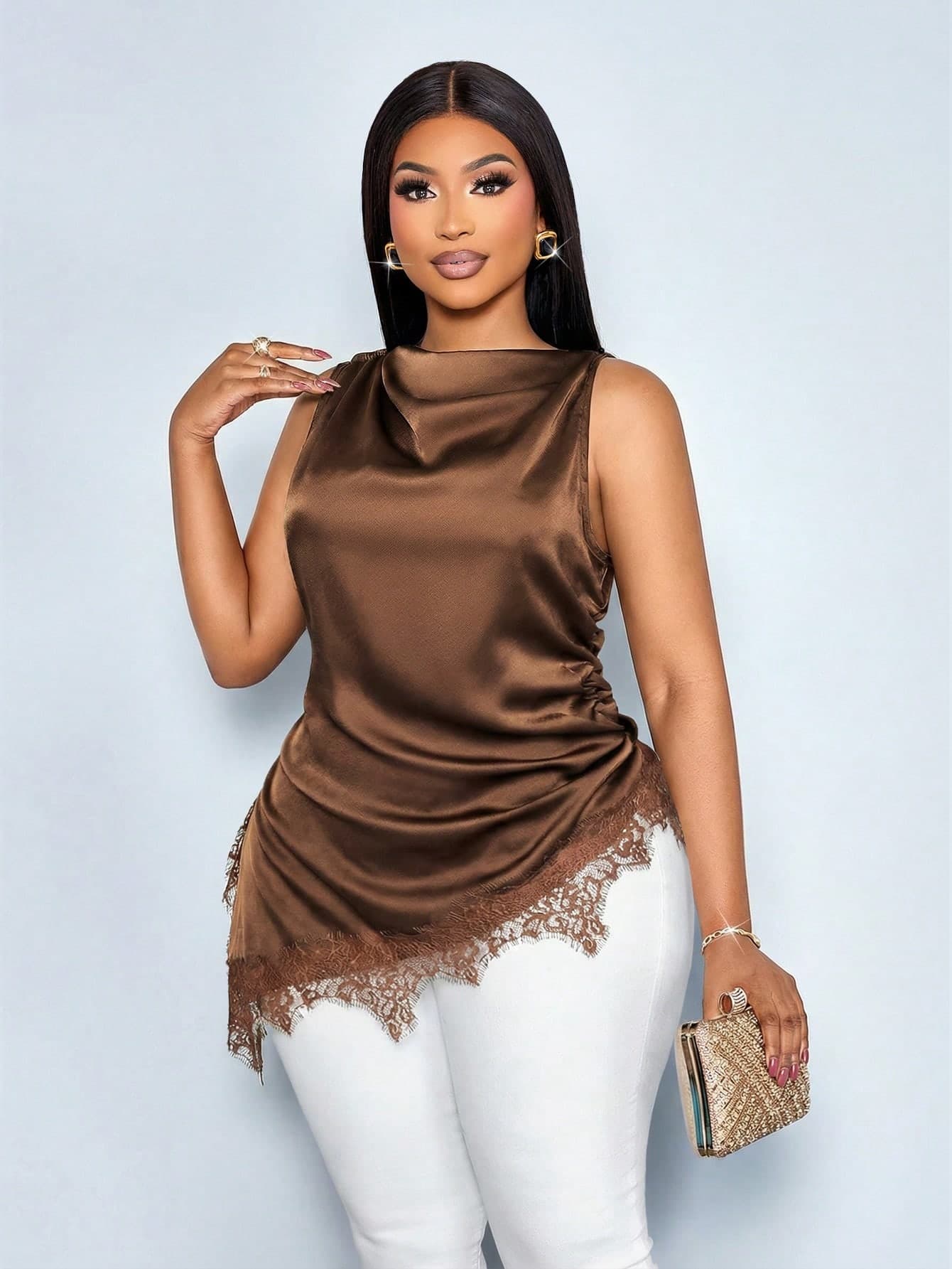 SOLERSUN Plus Size Women Summer Elegant Chocolate Brown Satin Blouse,Autumn Night Out Club Sleeveless Mock Neck Black Lace Trim Patchwork Asymmetrical Hem Top