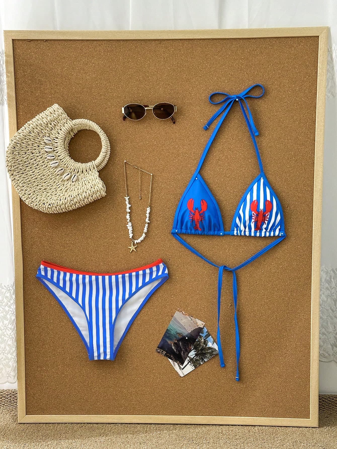 Swim Mod Women's 2-Piece Swimwear Set, Crayfish Print Colorblock Blue And White Striped, Fashionable Casual Sweet Beach Vacation Vacation Summer