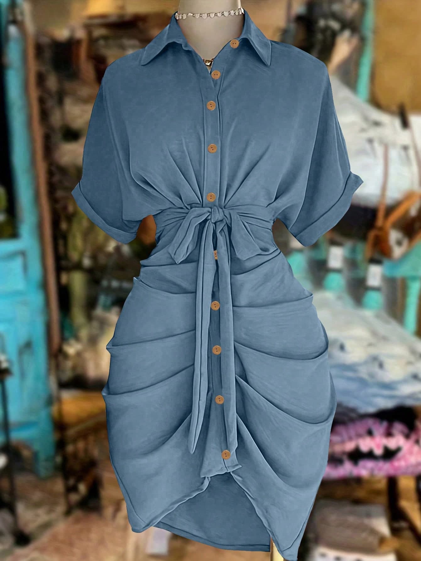 SuriyaCove Women's Solid Color Single-Breasted Knotted Pleated Casual Party Travel Shirt Dress