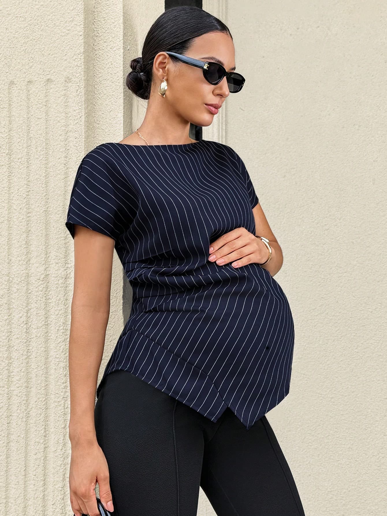 MaterniWear Summer, Maternity Work Top, Business Casual Women , Office Wear Fashionable Elegant Striped Print Blouse