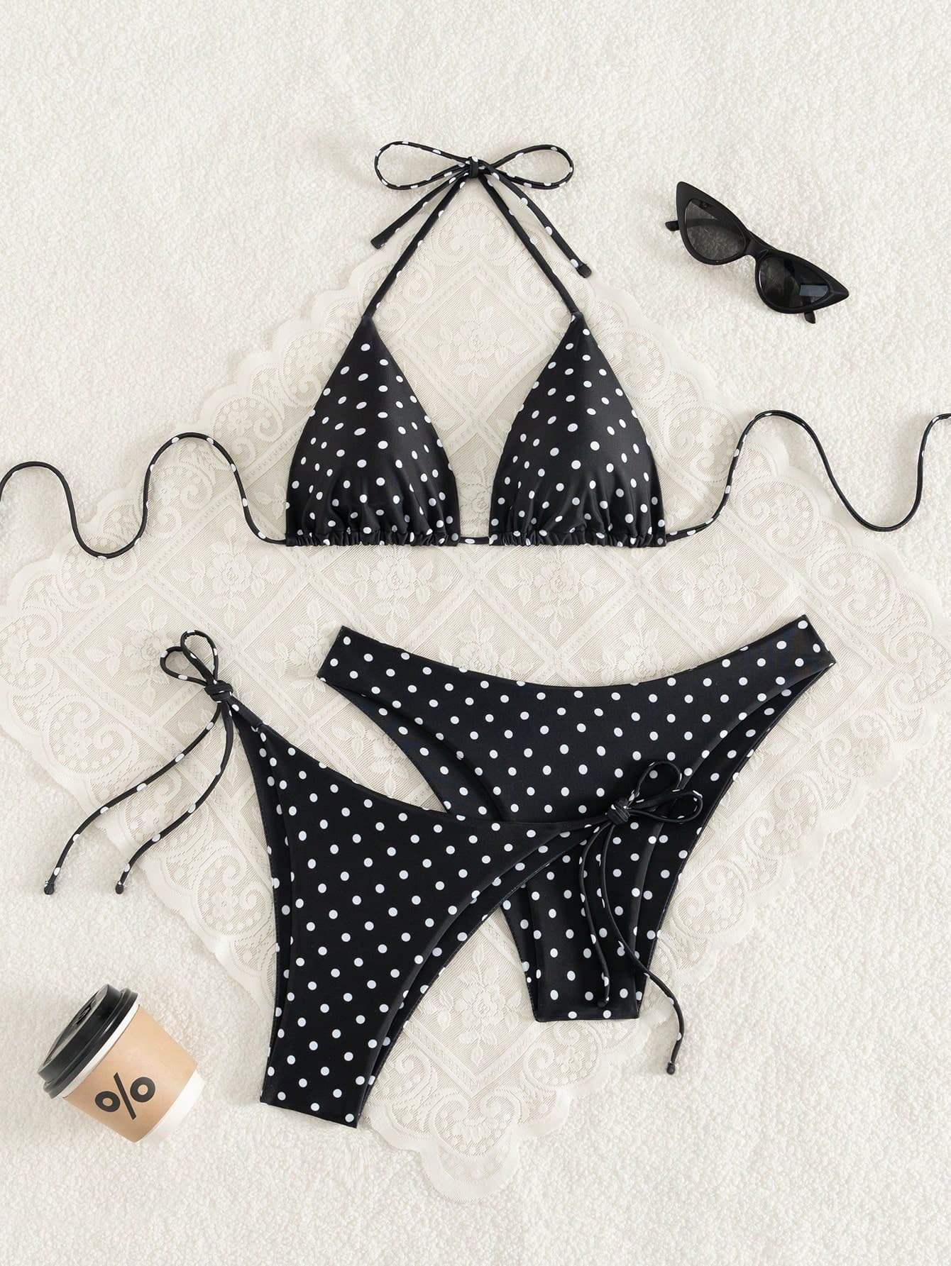 Swim Vcay Women's 3-Piece Set Triangle Cup Black White Polka Dot Bikini Swimwear, Summer 70s Retro Holiday Pool Party Knitted Beach Digital Print Dress