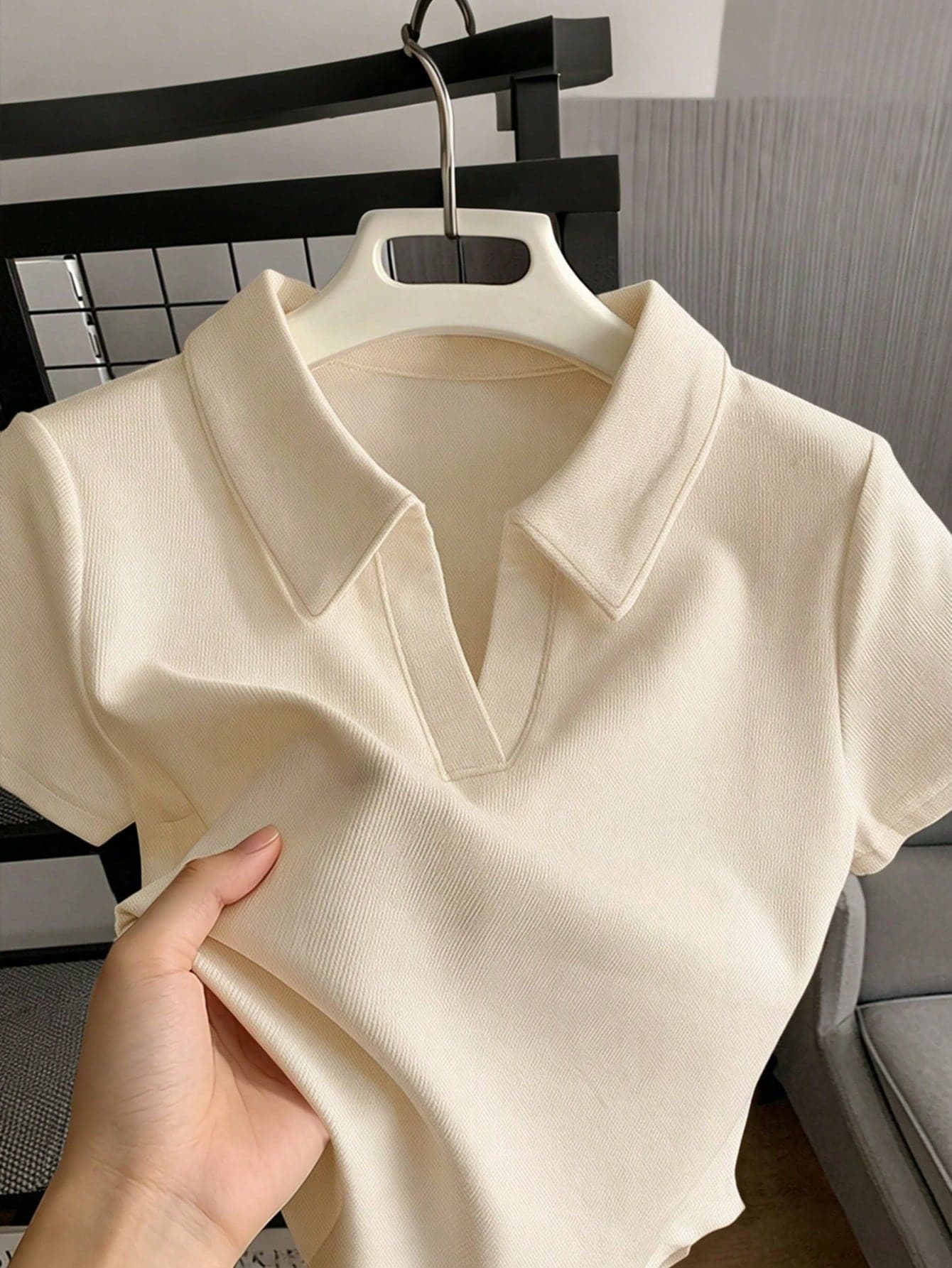 SHEIN Franclia Women's Solid Color Polo Collar Short Sleeve Casual Top
