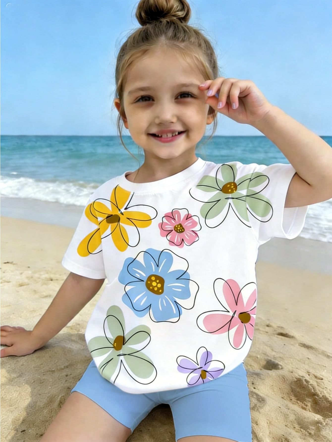 Young Girls Casual Floral Print Round Neck Short Sleeve Top And Skinny Shorts 2-Piece Set,Cute Summer Beach Holiday Outfit For School,Home,Outdoor