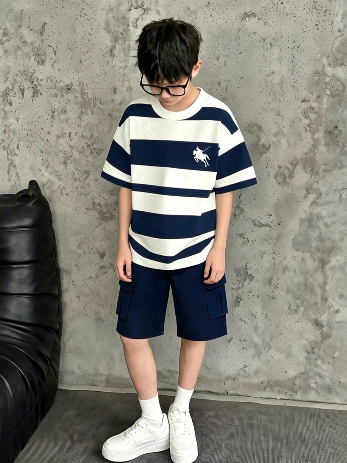 SHEIN Mirajuku 2pcs/Set Teenage Boys' Fashionable Casual Striped Print Short Sleeve T-Shirt And Simple Sports Running Shorts, Suitable For Summer Multiple Seasons