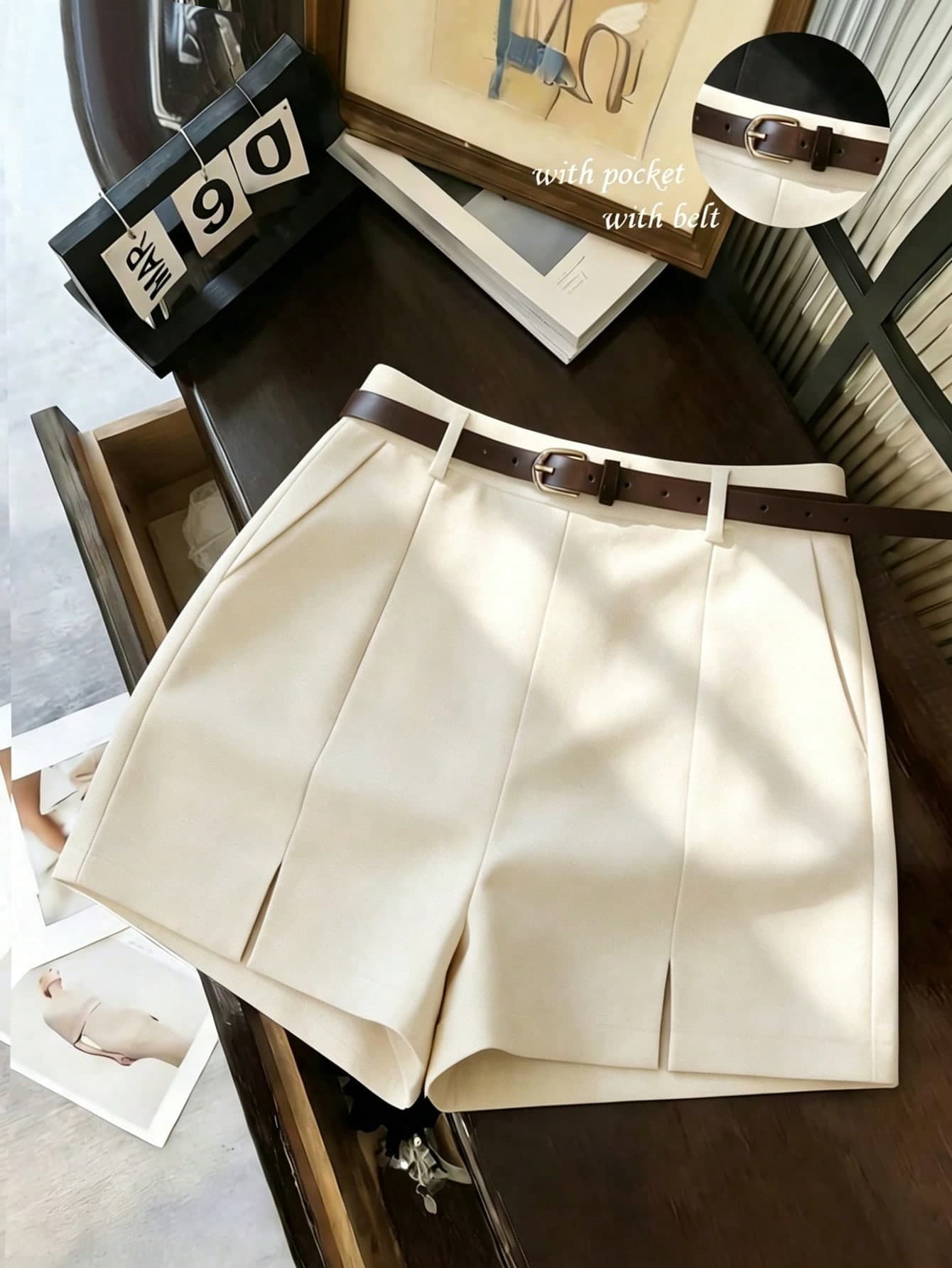 Franclia Women Summer Casual White High Waist Shorts With Belt,Textured Soft Fabric,Side Slits,Fashionable Commute Office Wear For Date,Holiday Outfits