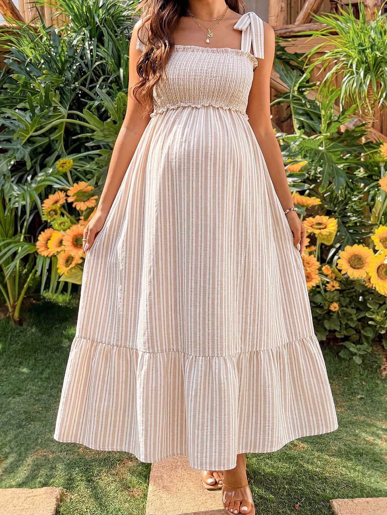 Lyckli Khaki Striped Tie-Waist Maternity Dress, Suitable For Pregnancy And Baby Parties, Summer Maternity Dress, Maternity Party Dress.