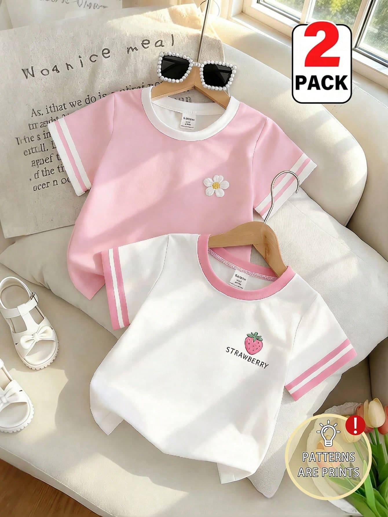 SHEIN 2pcs/Set Girls T-Shirts,Pink Floral & White Strawberry Print Tee,Comfortable Summer School Style Fashionable Daily Tops For Girls 4Y-7Y