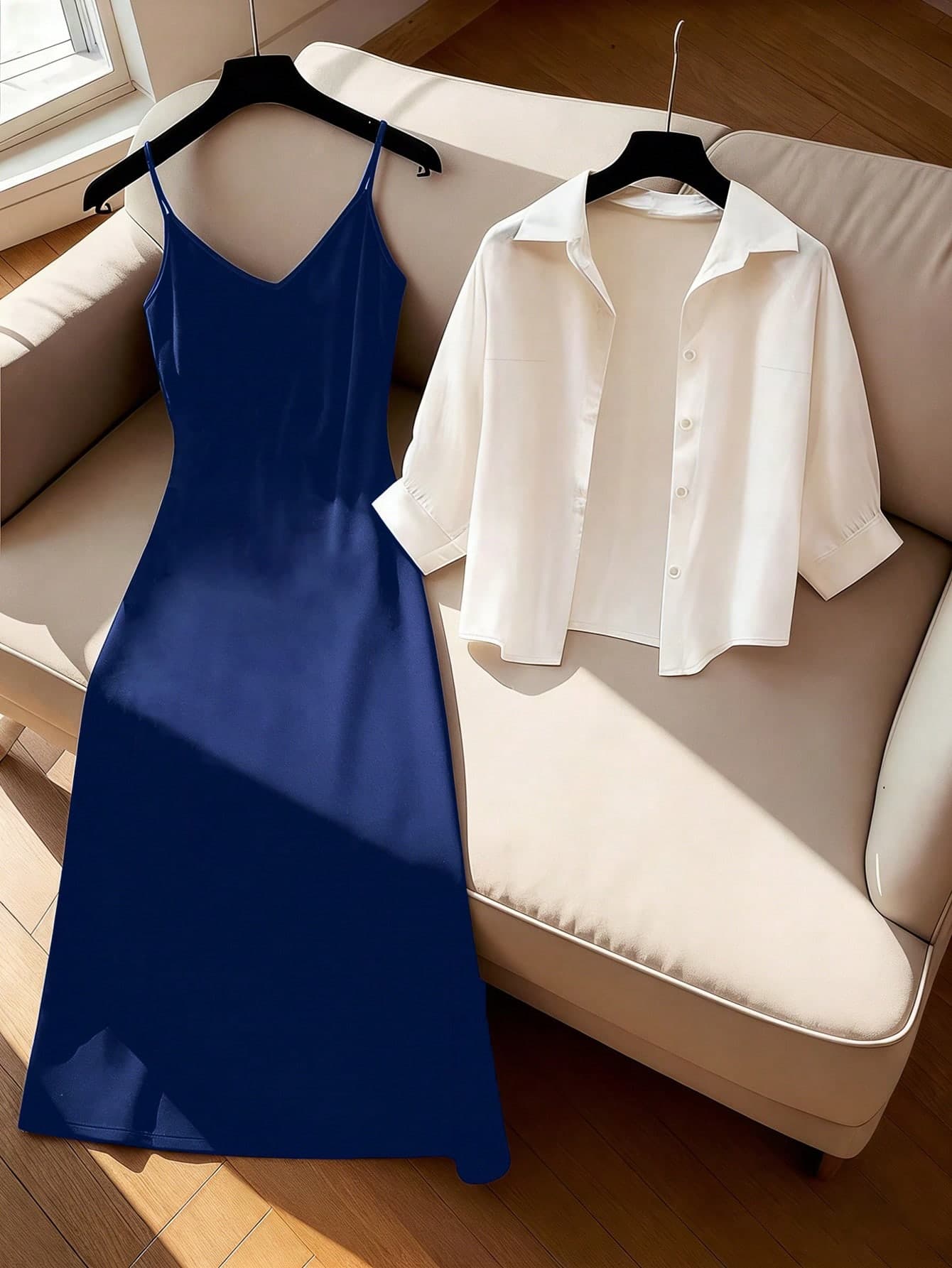GlowEve Women's Solid Color Minimalist Long Sleeve Top And Slip Dress 2 Pieces Set