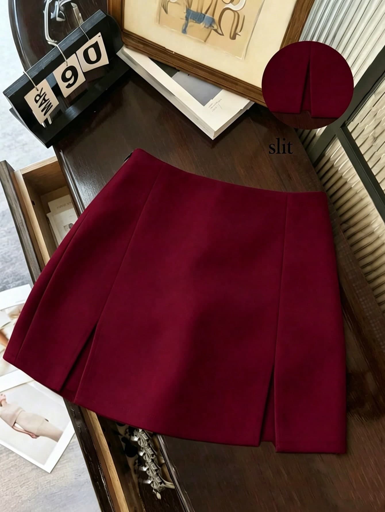 Franclia Women Summer Burgundy Elegant Office High-Waisted Side-Slit Blazer-Style Mini Skirt,Winter Casual Commuter Slim- Hip-Covering A-Line Suit Fabric Skirt