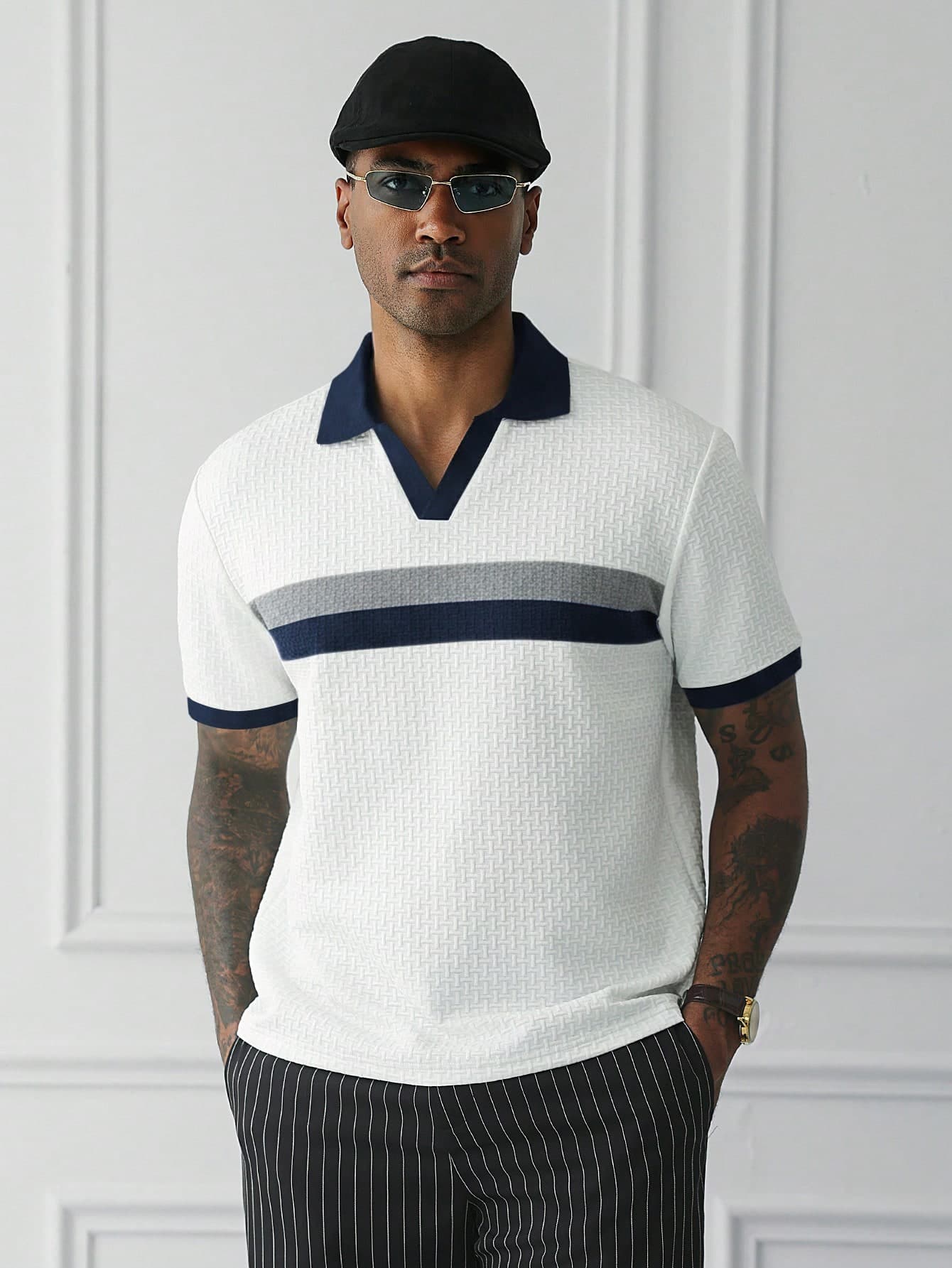 HUEFORM Men's Old Money Short Sleeve Textured Fabric Contrast Color Design Polo Shirt,White And Blue,Summer,Casual,Vacation Outings Daily Travel Gatherings