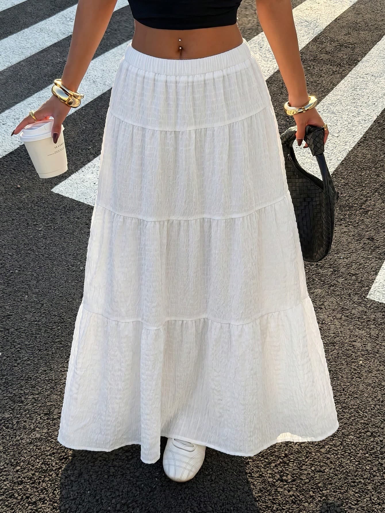 Muchica White Woven Women's Vacation Casual Ruffle Hem Skirt,Festival,Summer,Beach,Boho