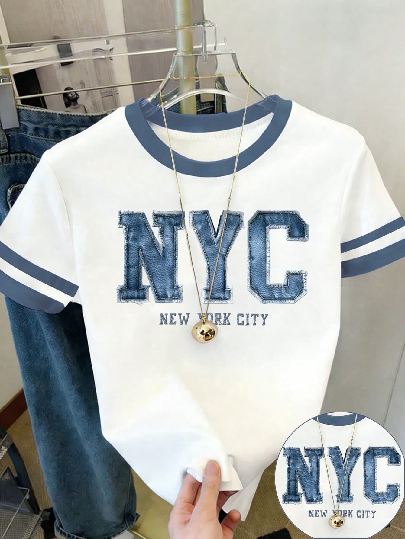 1pc Cute Fitted Short Sleeve Round Neck T-Shirt For Teens,NYC White And Blue Letter Print With Contrast Trim,Athletic Summer Holiday Back-To-School