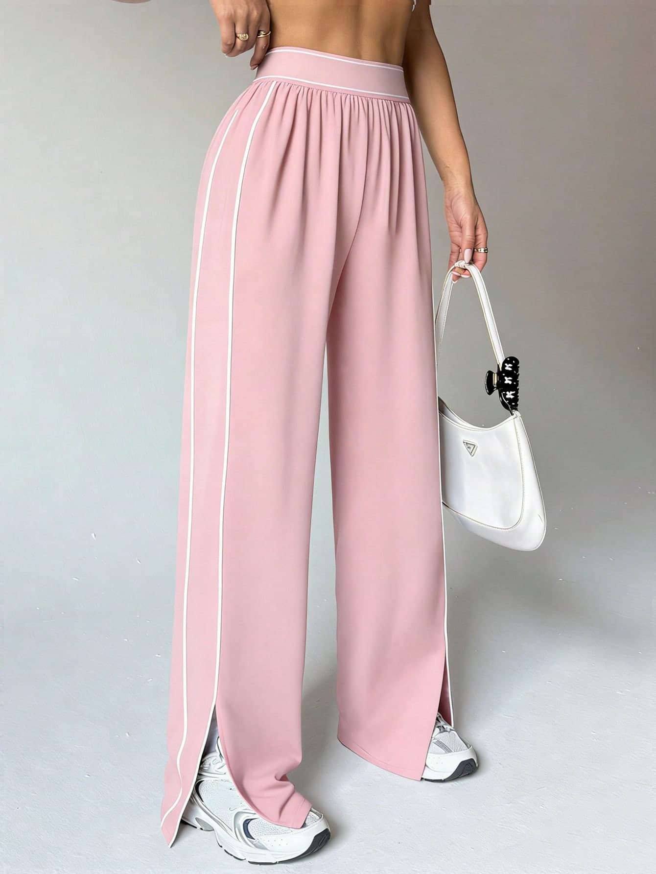 Dewbera Dewbera Women's Loose Fit Straight Leg Sweatpants With Pockets,Contrast Stripe High Waist Elastic Drawstring Wide Leg Pants For Casual,Yoga,Gym & Sports