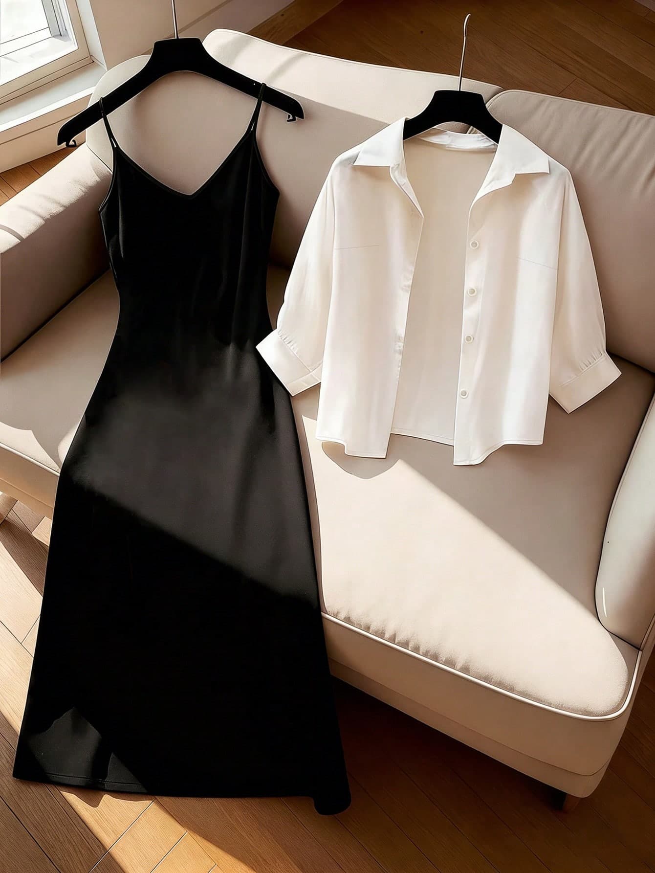 Qadelle Women's Casual Commuter Solid Color Shirt & Slip Dress 2 Pieces Set
