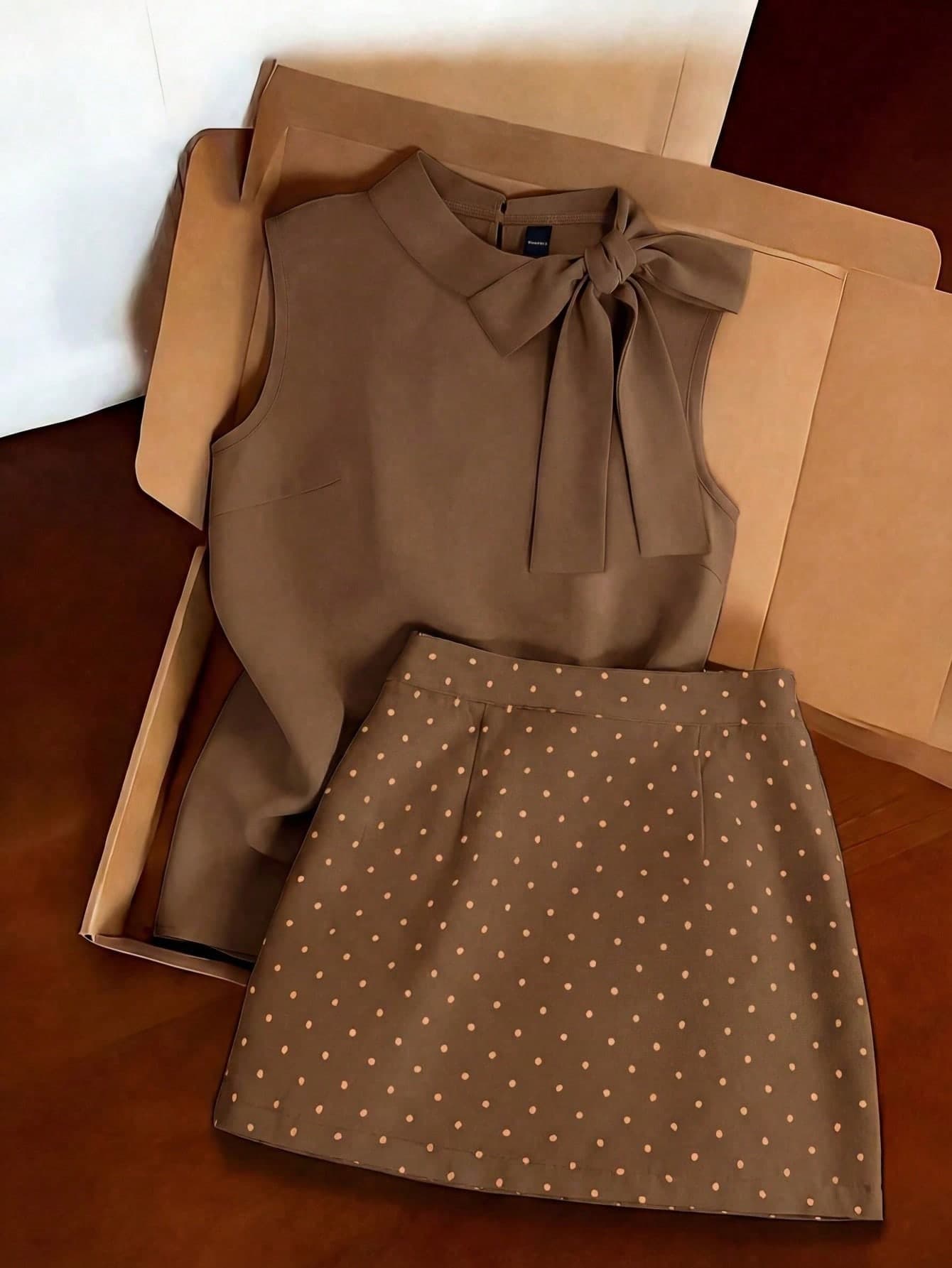 Franclia Sleeveless Turtleneck Top & Brown And White Polka Dot Mini Skirt Set,Autumn 70s Retro Office Outfit,Minimalist Bow Detail,Elegant Fitted Silhouette