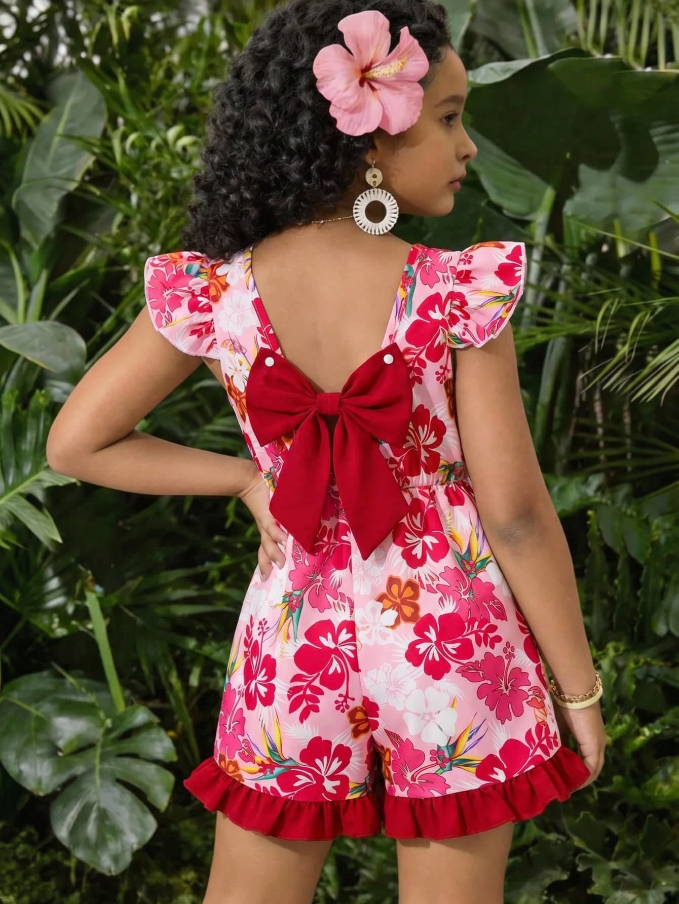 Girls Pink Allover Floral Print Sleeveless Jumpsuit,Butterfly Back Lace Trim Elegant Clothing,Hawaiian Theme Matching Family Vacation Holiday Day