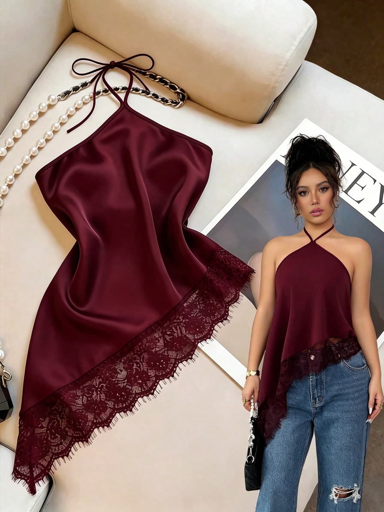 GlowEve Burgundy, Summer, Elegant, Party Night Women's Tie Halter Neck Top, Asymmetric Hem Lace Trim, Backless Top, Sleeveless Top, Beach