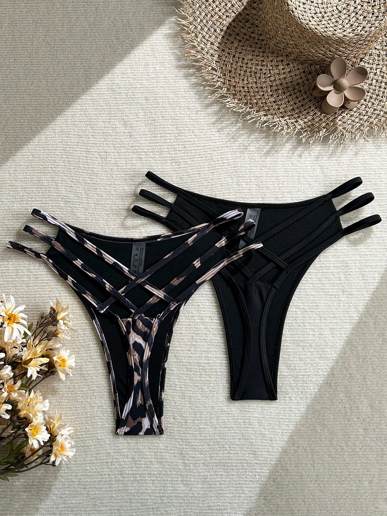 Swim SXY Plus Size Women Leopard Print Bikini Swimwear,Black Criss-Cross Strap Triangle Double Bottom 2-Piece Set,Summer Beach Vacation Holiday Swimsuit