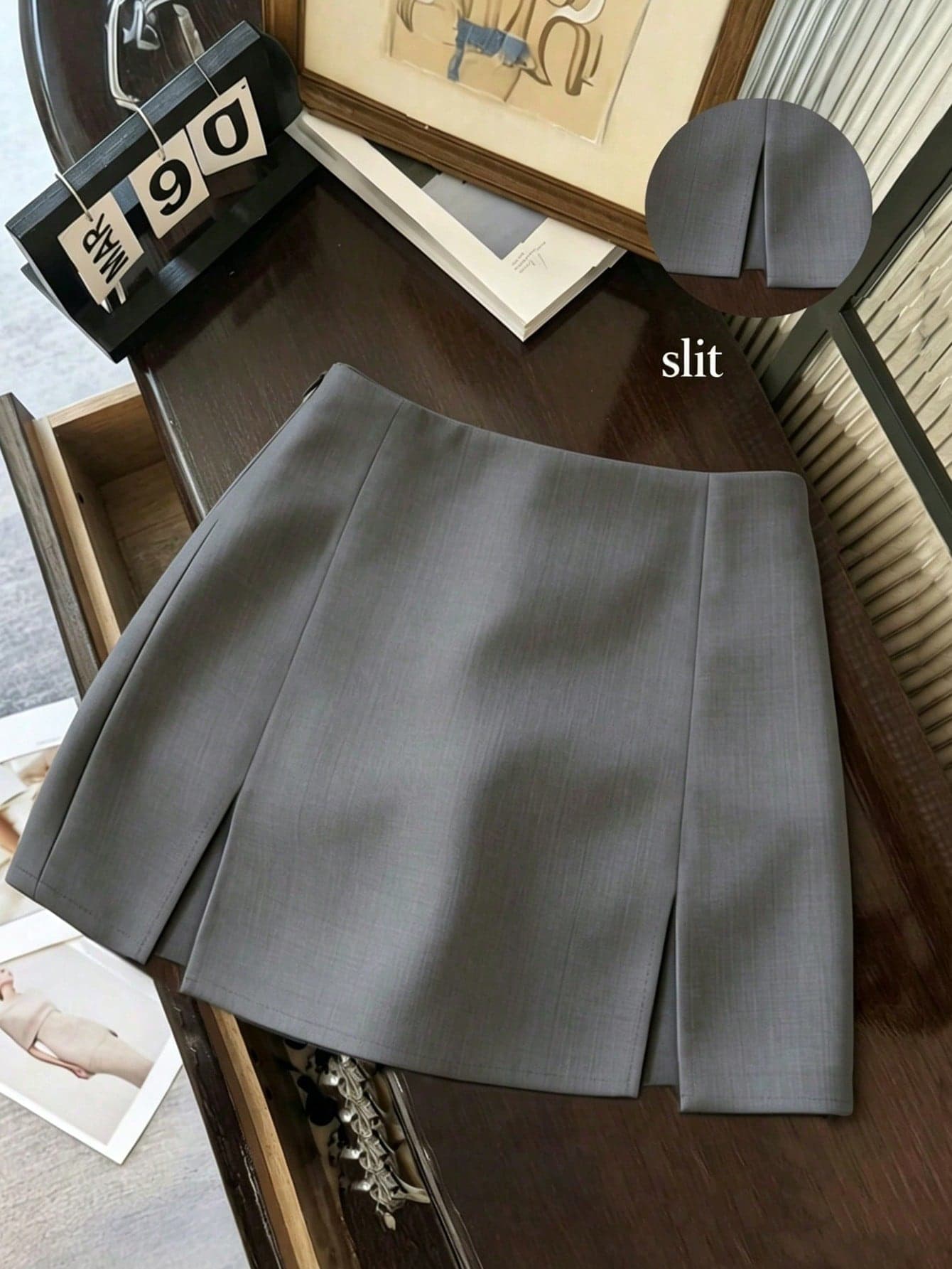 Franclia Women Summer Grey Winter Casual Office Skorts,High Waist Slit A-Line Double Layer Split Hem Suit Fabric,Professional Urban Commute