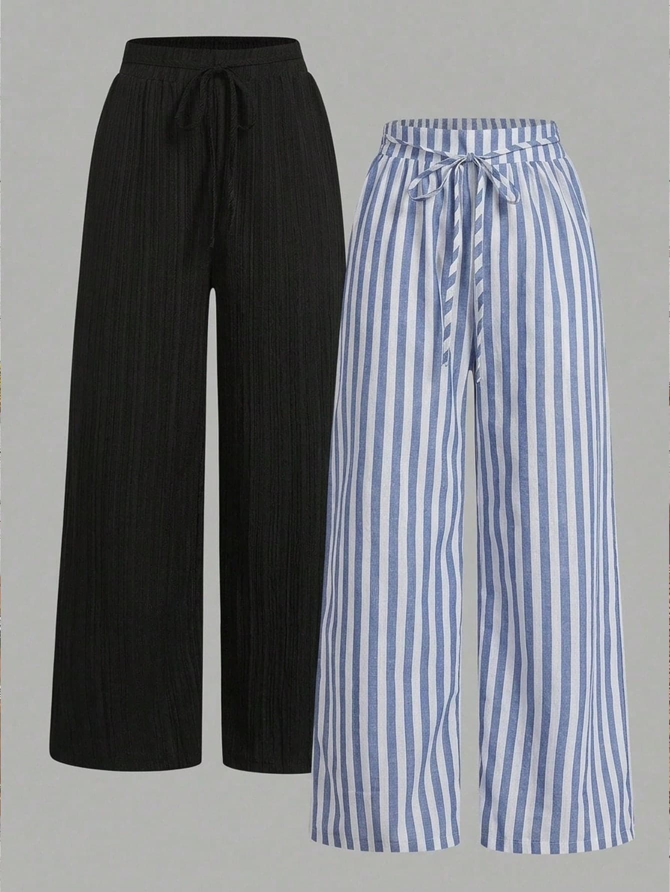 EMERY ROSE 2pcs Black Fabric Matching Light Blue Striped Nautical Style Casual Waist Tie Pocket Straight Leg Pants Set, Suitable For Summer Vacation Fall