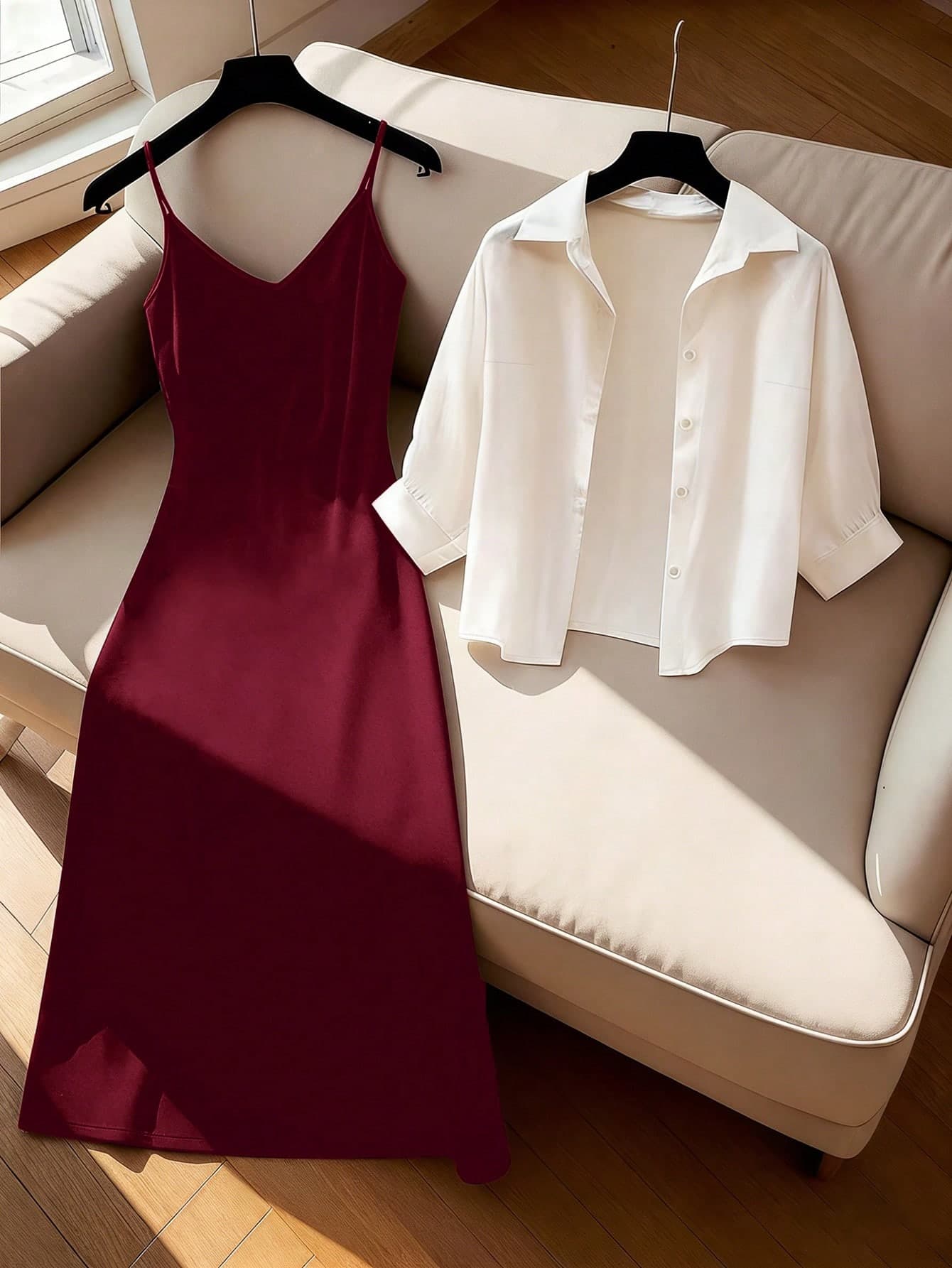 GlowEve Women's Solid Color Single-Breasted Shirt And Camisole Dress Casual 2 Pieces Set