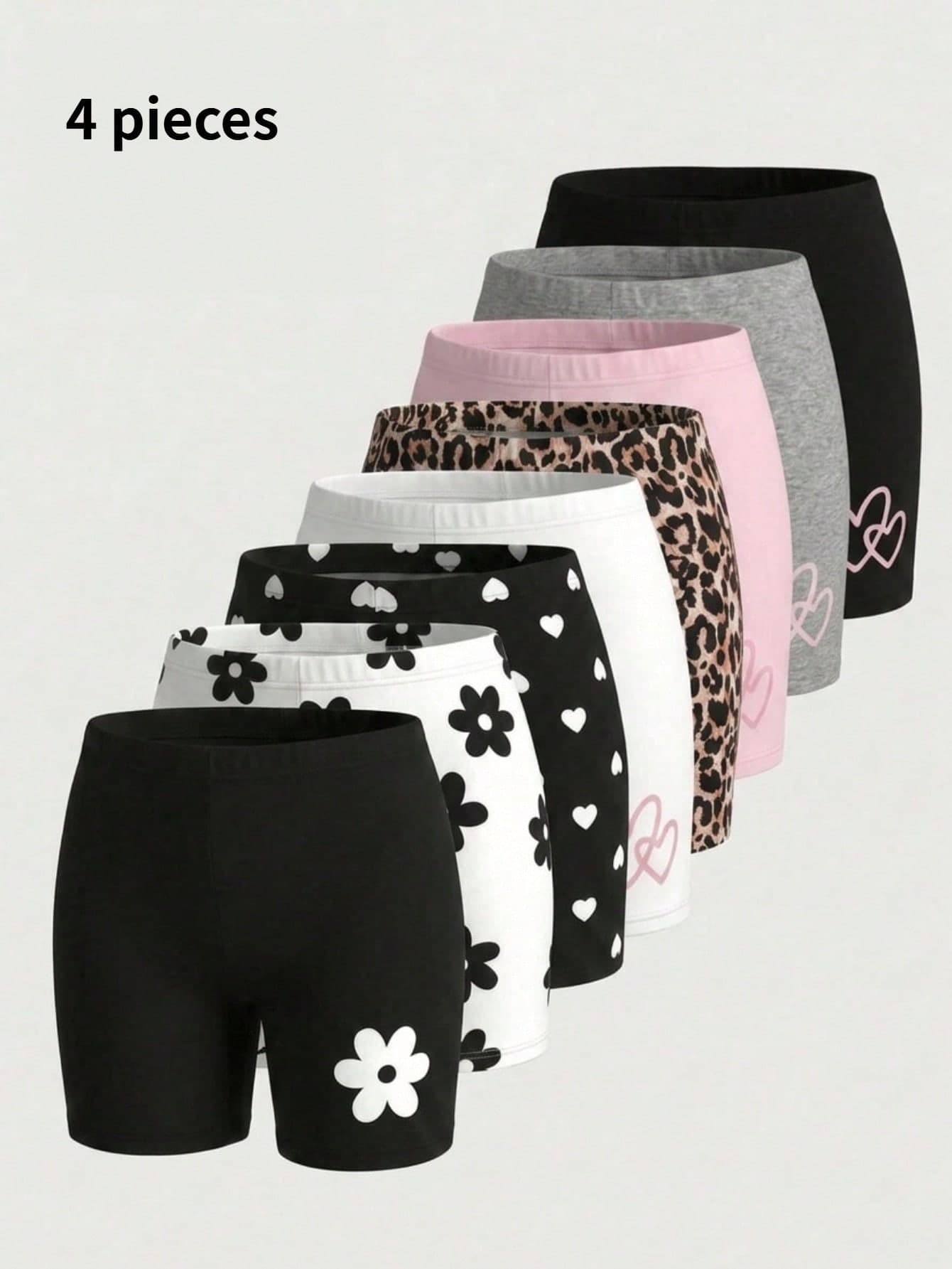 4pcs/Pack Girls Shorts,Summer,Back-To-School,Lightweight Children Casual Pants,Floral,Heart,Leopard Print,Sweet & Cute Knit Comfortable Soft Leggings