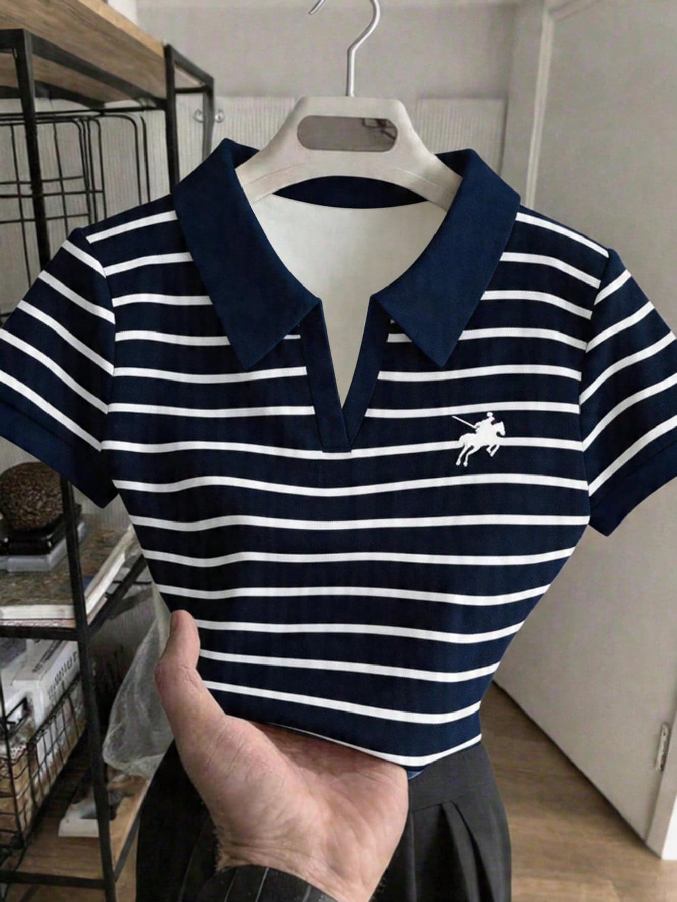 Rovax Women's Short Polo Shirt With Striped Horse Riding Print, Contrast Color Collar