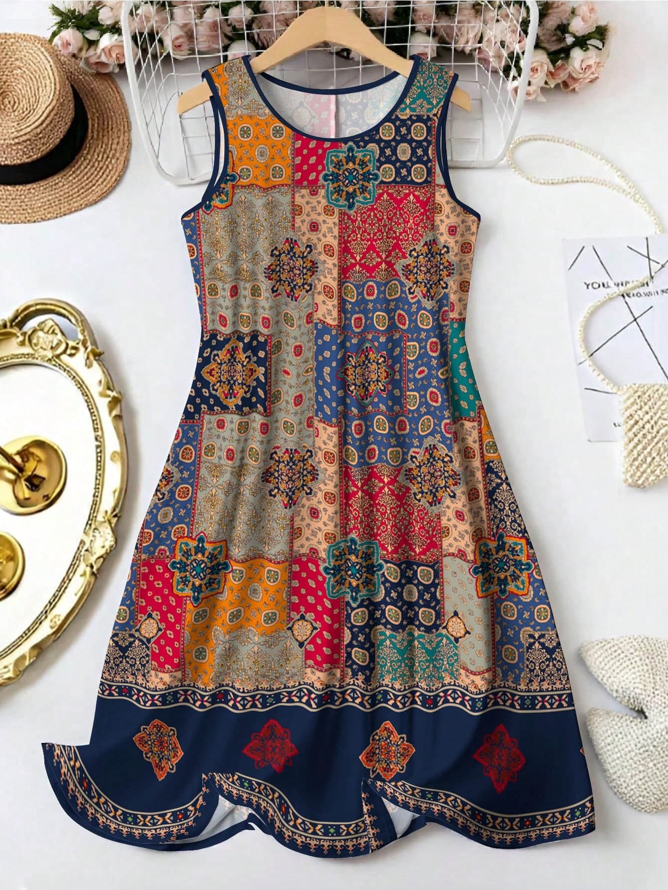 EMERY ROSE Women's Navy Blue Boho Floral Printed Sleeveless Round Neck Knee-Length A-Line Dress,Summer Vacation Holiday Casual Geometric Print Tank Sundress