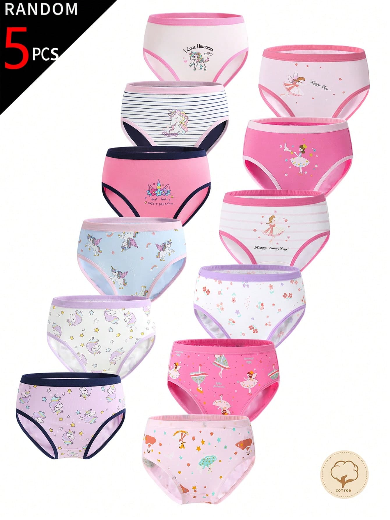 SHEIN 5-Piece Girls Toddler Underwear,Assorted Light Pink Purple Blue White Cartoon Prints Stripes Floral Briefs,Soft Elastic Waist Kids Clothing