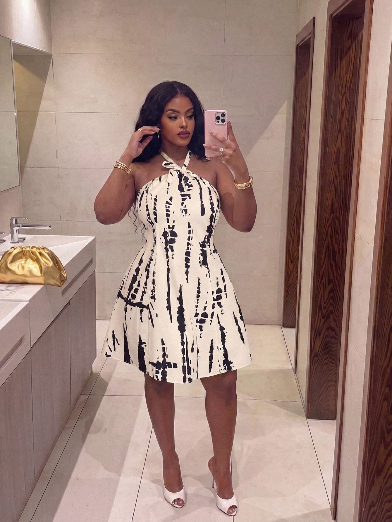 Veslaya Plus Size Black And White Summer Elegant Wedding Guest Halter Tie-Front Bow Decor A-Line Mini Dress,Abstract Brush Stroke Print Woven Tie Dye Dress